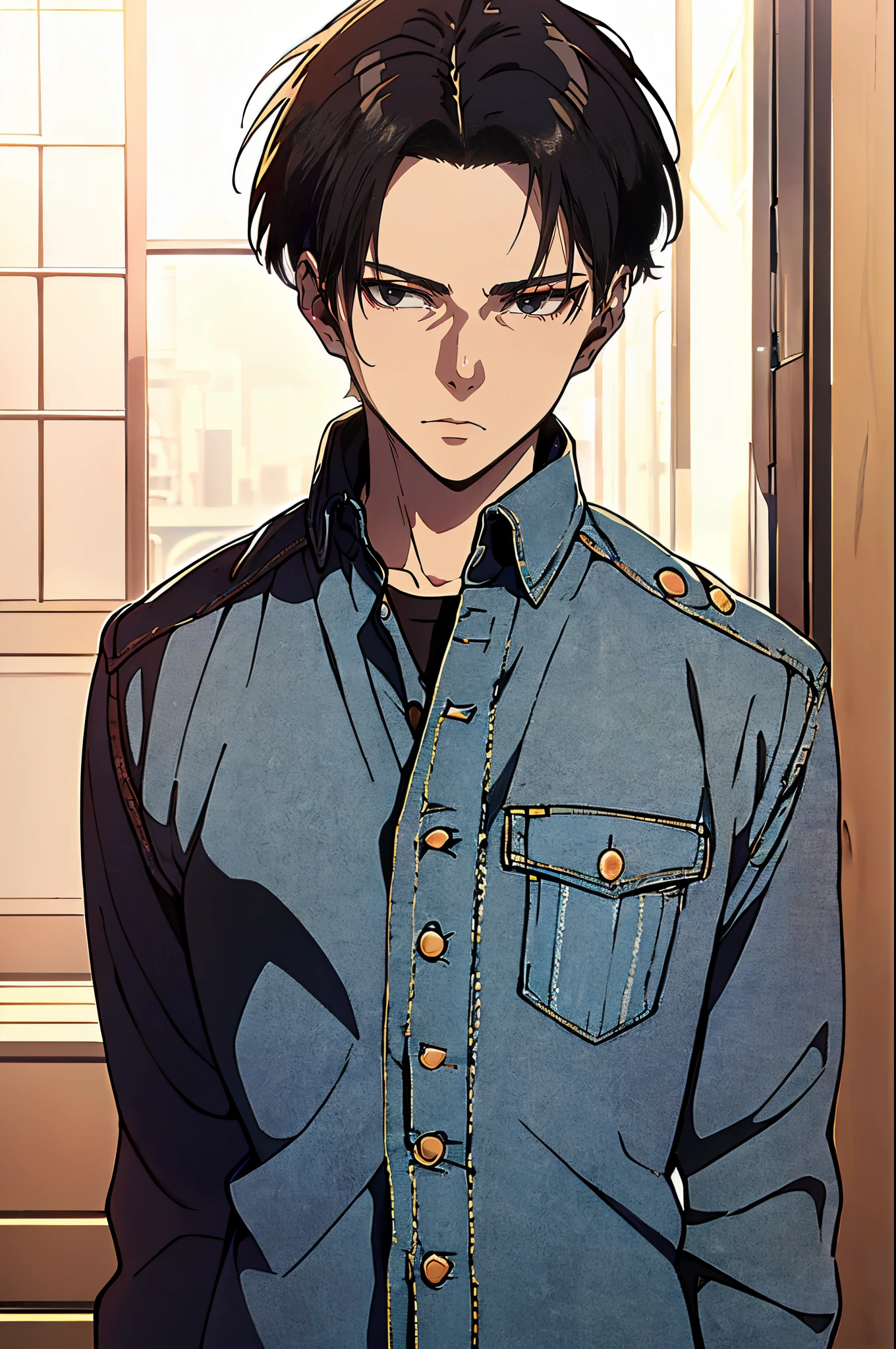 ((4K works))、​masterpiece、（top-quality)、((high-level image quality))、((One Manly Boy))、Slim body、((Attractive and sexy jeans fashion))、((Men's Fashion))、(Detailed beautiful eyes)、town in the morning、Levi Ackerman、((short hair above the ears))、((Smaller face))、((Neutral face))、((Korean boy))、((28 year old))、((Handsome man))、((Korean Makeup))、((elongated and sharp eyes))、((Black eyes))、((Like a celebrity))、Everyday photography、((Shot alone))、((Shot diagonally from the side))、((Upper body photography))