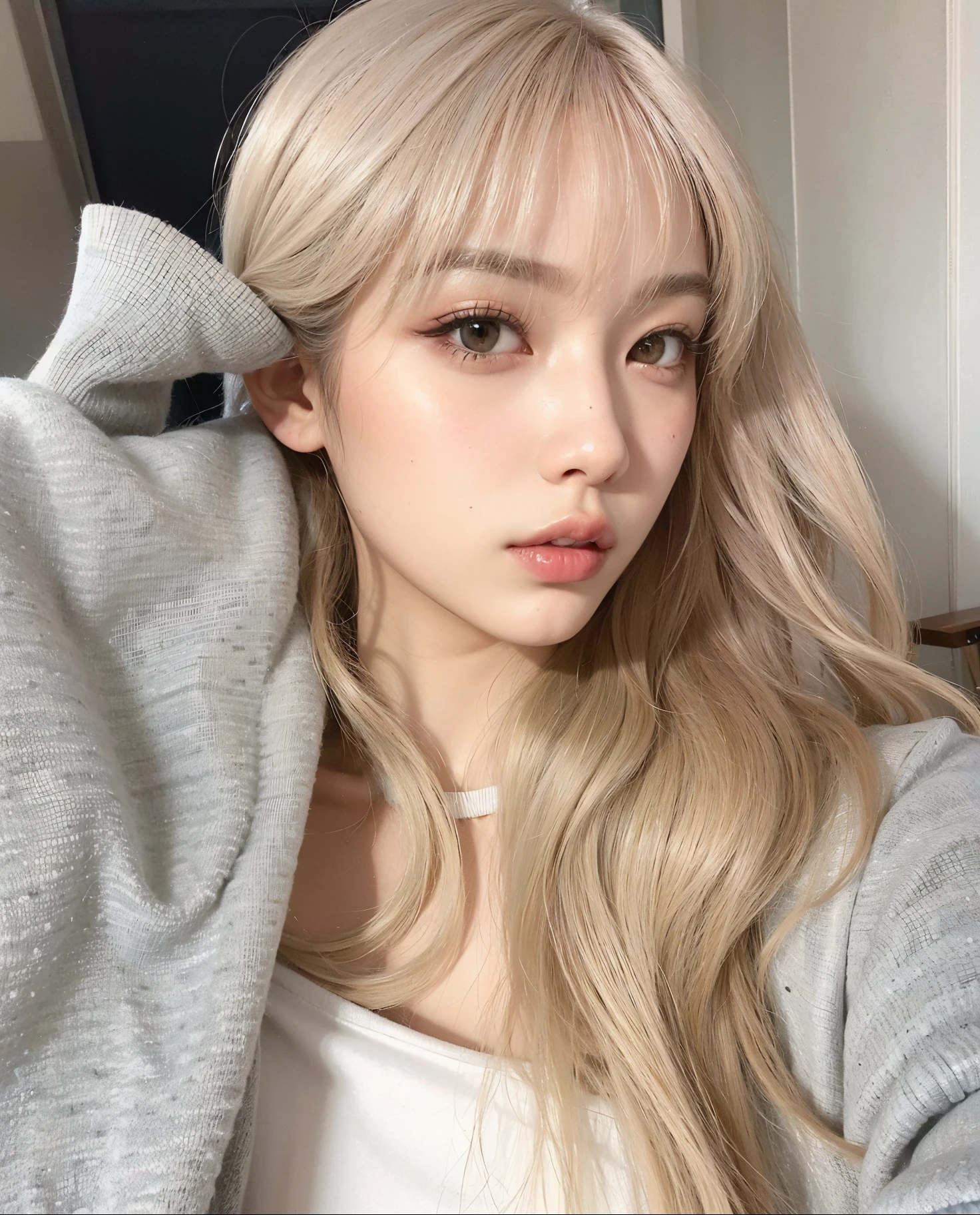 um close de uma pessoa com longos cabelos loiros e uma camisa cinza, Lalisa Manobal, Ulzzang, longos cabelos brancos e franja, Lalisa Manoban do Blackpink, com franja, Parque Roseanne do Blackpink, franja branca, com franja completa, Retrato de Jossi de Blackpink, cabelos longos com franja, coreana, cabelo arrumado com franja