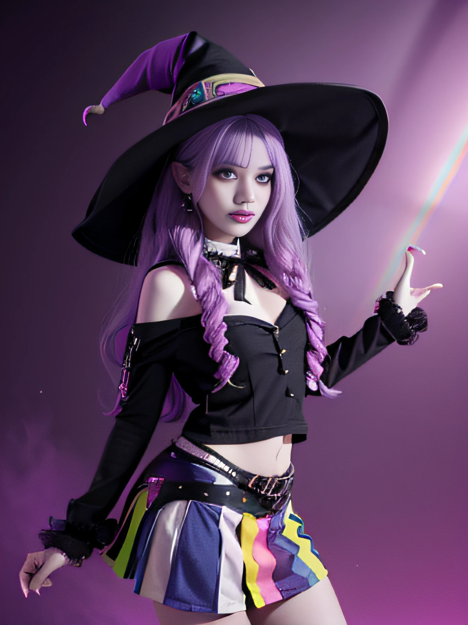 new good and young female student-character in the movie "monster high", attractive witch ((with a witch hat with all the colors of a rainbow)) colorful full body-clothes, school uniform, wide full shot, whole body in frame, posing, vibrant colors, horrifying aesthetic,studio lighting