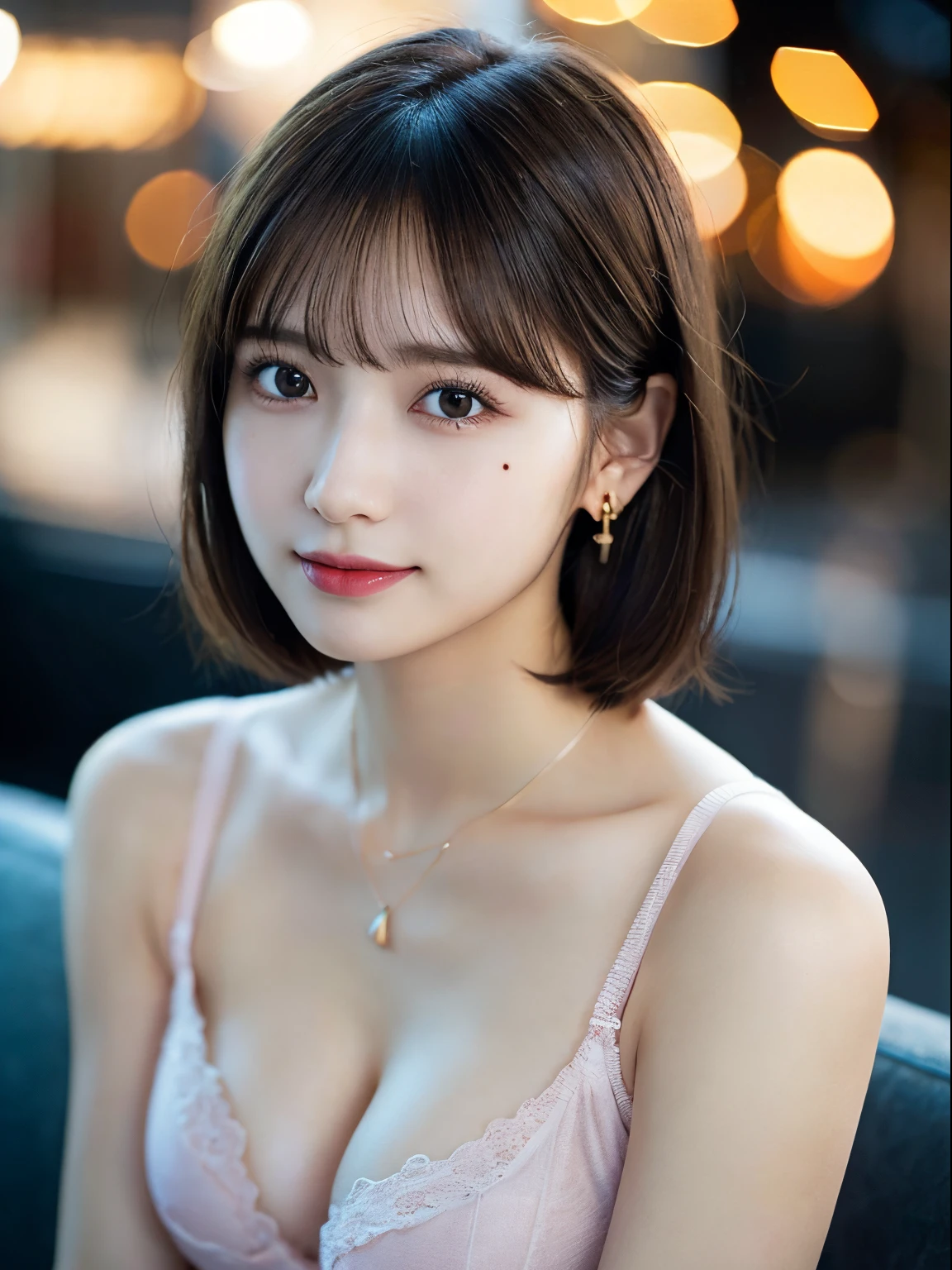 (short hair woman), (Pink underwear), (covered-), (Cross-legged sitting, Hands lying on thighs), on the beds, medium breasts, Deep cleavage, Best Quality, masutepiece, Illustration, Very delicate and beautiful, Very detailed skin, nffsw, Unity, 8K Wallpapers, amazing, Fine detail, Highly detailed ticker Unity 8K wallpapers, Huge file size, High resolution, Handsome detailed woman, Very detailed eyes and face, Stunning detailed eyes, Light on the Face, (Best Illustration: 1.1), (Best Shadow: 1.1), Ultra High Resolution, (Photorealistic: 1.1), (Photorealistic 1.2:1.1), Realistic face proportions,slim,Smile,(fluffy black eyes: 1.21), Black eyes, Looking at the viewer, dark brown hair, earrings, Necklaces, hair pin, Full body shots, (irregular skin imperfections,venat,moles,Skin Wrinkles,pores: 1.2), (Dark night background: 1.2), (Bokeh: 1.4),