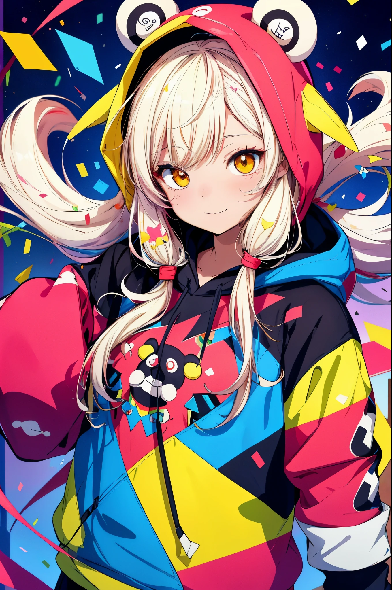 (Anime girls wear red and black hoodies, white, Pink, yellow, Blue confetti on hood, In the style of cute cartoon-like design, Electrical color scheme, Dark white and dark bronze, Vivid color scheme, Happy Expressionism, 20mp, Dynocore), (Anime panda girl in hoodie signing on camera, In the style of colorful mosaics, nightcore, Hard Edge Painting, Pattern Expansion, flickr, Cute and colorful, close-up), (While a small confetti is pouring out、Girl showing index and middle fingers, In a cute art style, Philip Pantone, nightcore, shilin huang, Vivid color scheme, Dark white and dark bronze, Hi-Vision Ministry of Defense), (Girl in panda bear hoodie makes face, In the style of a colorful palette, nightcore, shilin huang, zigzag, uhd image, Aztec art, shiny)