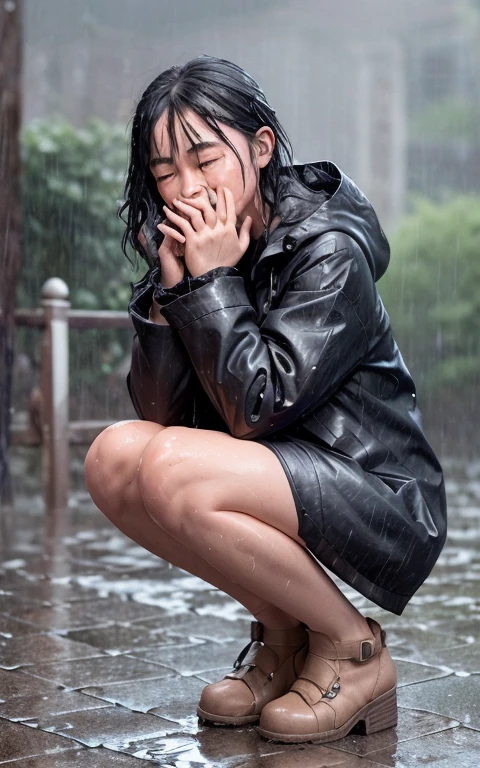 (masterpiece:1.2, best quality), (real picture, intricate details), (night, dark, downpour:1.4)
There was no one in the alley, and the surroundings were silent, only the raindrops sprinkled on the tile eaves of the low houses near and far, making a slight rustling sound. In the cold rain, (1girl, wet hooded jacket, sad, tears in eyes, shivering:1.2) squatting on the ground,