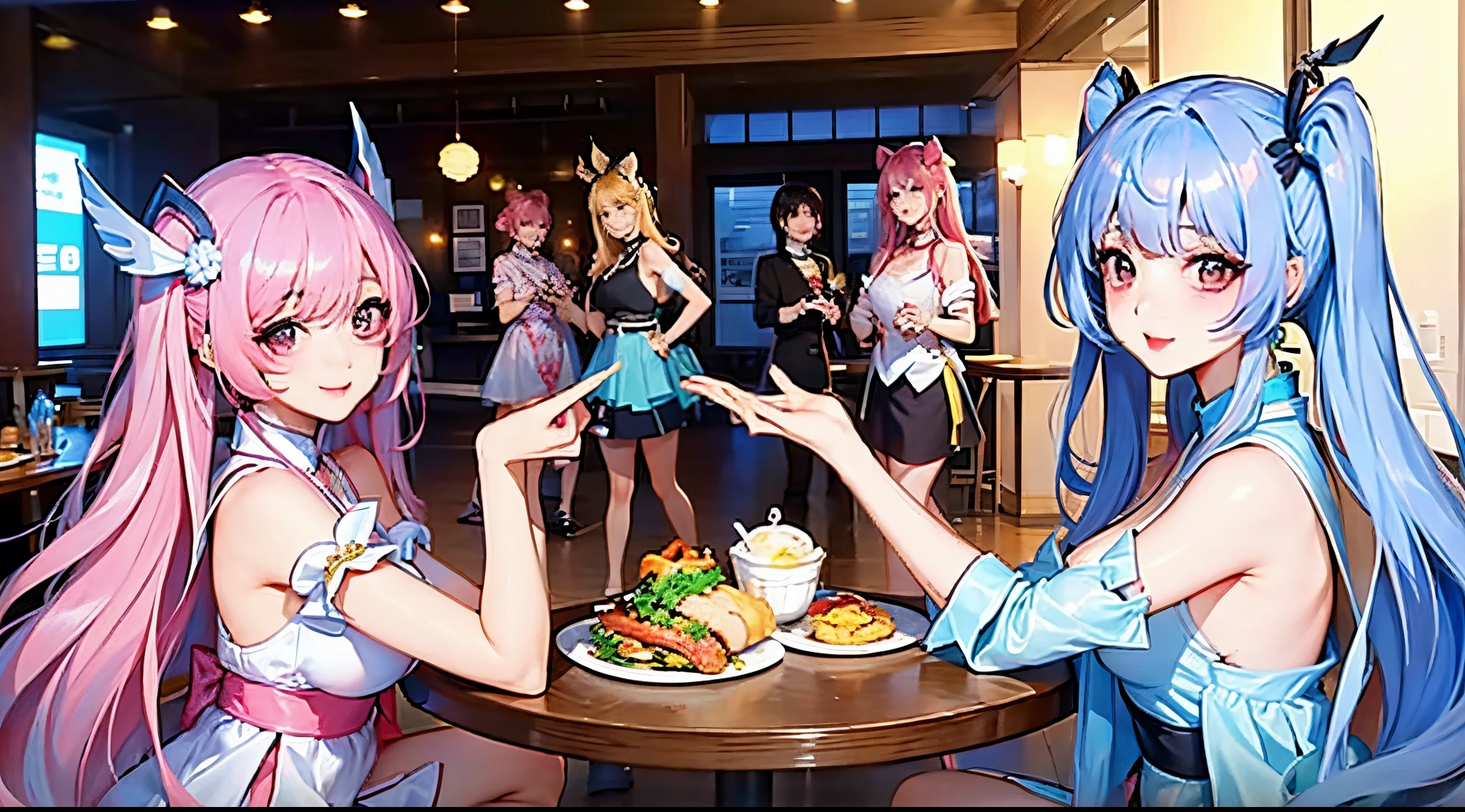 (NSFW:1.5)、(Male Focus:1.5)、Party of kinky guys and kinky beautiful girls、karaoke room、Idol with a ribbon wrapped around the body、Parti、cracker、Balloons、There are 5 girls sitting at a table with food and drinks, Smile、exciting illustration, lo-fi illustration style, beautiful painting of friends, Fun people in the house々, Cartoon style illustration, Cheerful atmosphere, detailed fan art, colorful illustration, high quality fan art, in style of digital illustration, Illustration style, Cute illustration, in the art style of 8 0 s anime、celebration、piece sign、pretty pose、Love Live Taste、Symphogear Drawing、Aikatsu!Drawing、(Pripara Drawing:1.8
