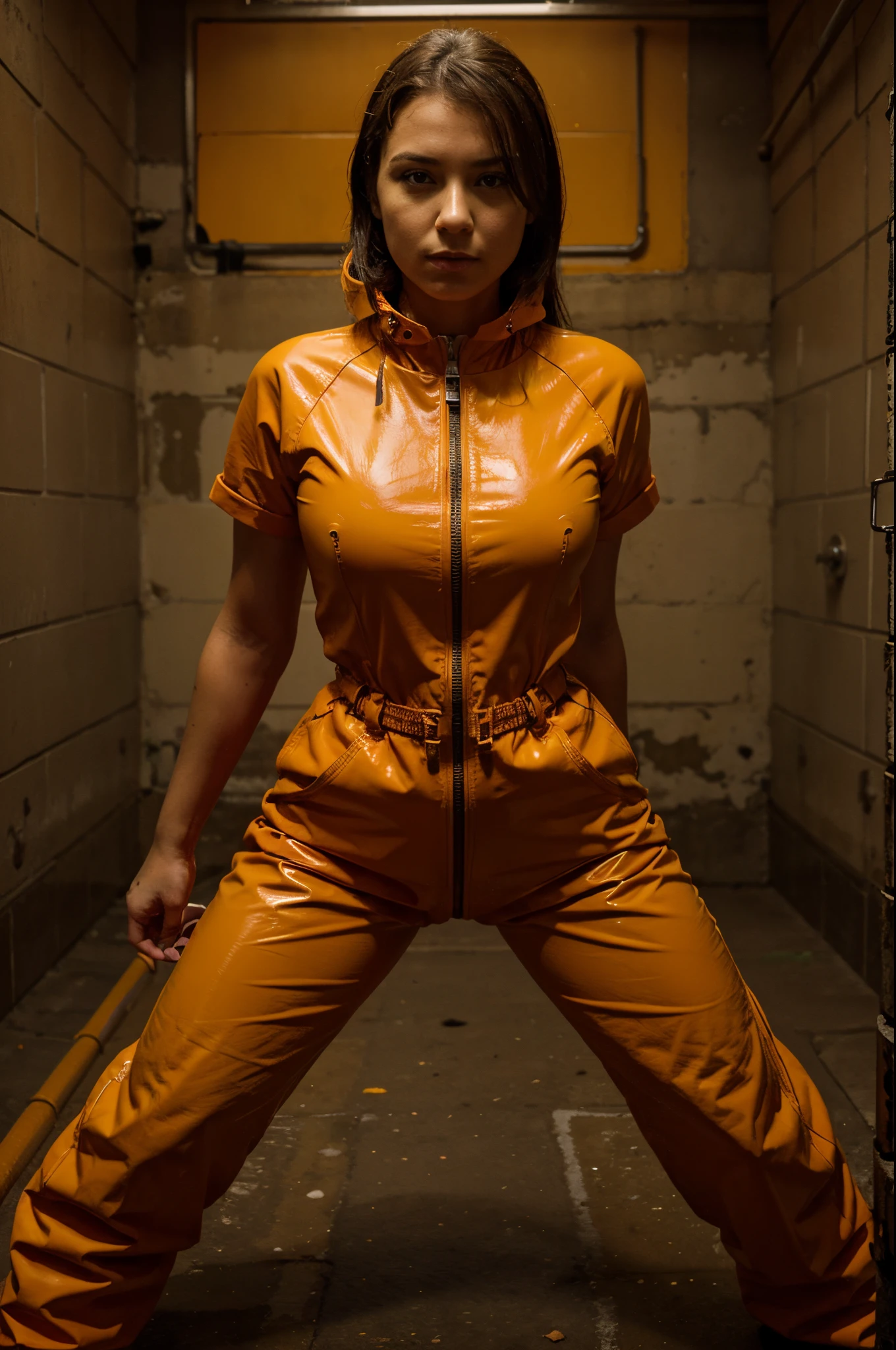 a girl in jail, wearing an orange prison rubber jumpsuit with a zipper on the crotch and green Hunter rubber boots