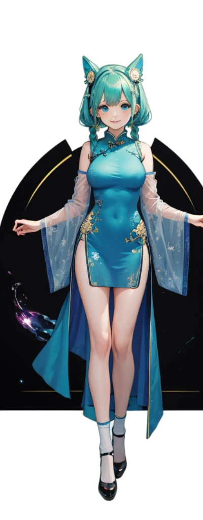 (Full body photo),Fluorescent background,(1 Witch,Flash fluorescence,Hats,Transparent tulle cheongsam,Delicate headgear,ssmile),(paper art,Quilted paper art,geometry),(Lots of colors,Best quality,high detal,tmasterpiece,movie light effect,4K,lightand shade contrast),Blue transparent tulle cheongsam,pigtails,Red knee-length socks,luminous totem,eBlue eyes,green hair and big breasts,long braid,
