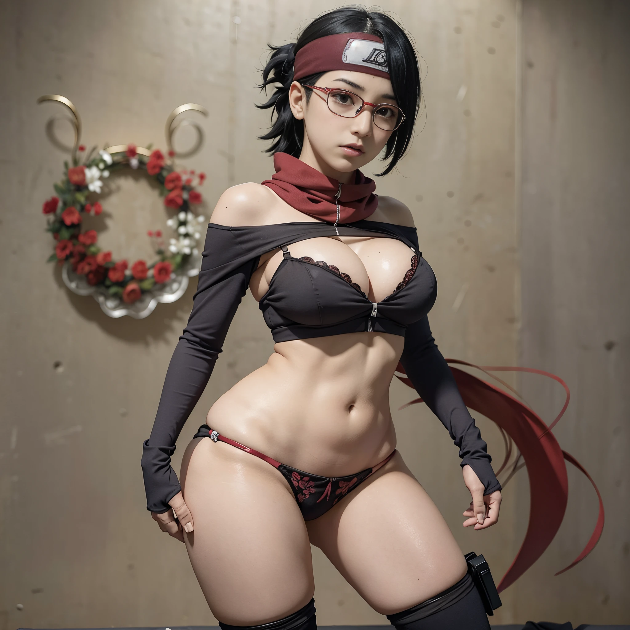obra-prima, sedutora, intimate:1.3), Sarada Uchiha, bandana Naruto na testa , sentada , pernas abertas, bunda gigante e peitos gigante