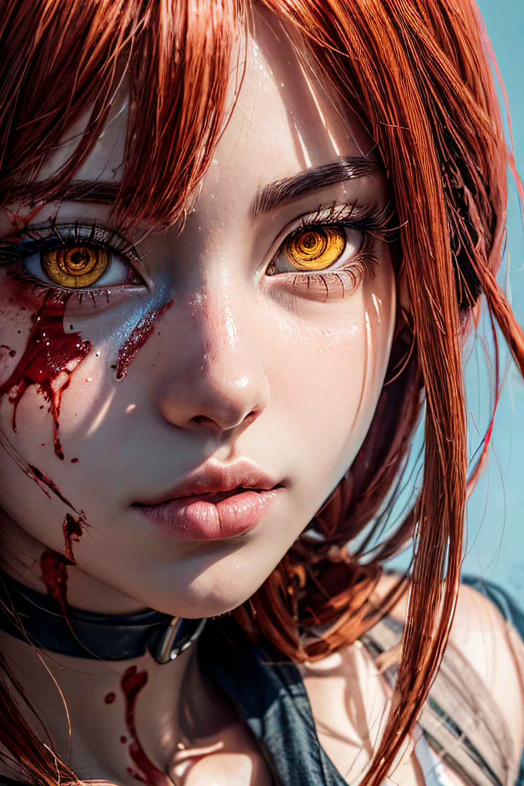 masterpiece, best quality, (extremely detailed CG unity 8k wallpaper, masterpiece, best quality, ultra-detailed, best shadow), (detailed background), (beautiful detailed face, beautiful detailed eyes), High contrast, (best illumination, an extremely delicate and beautiful),1girl,((colourful paint splashes on transparent background, dulux,)), ((caustic)), dynamic angle,beautiful detailed glow,full body, blood splash on face. close up of a woman, anime girl with red hair and a white shirt and tie, a character portrait by Yang J, pixiv, shin hanga, portrait of an anime girl, female anime character, portrait anime girl, portrait of asuka langley soryu, beautiful anime portrait, detailed portrait of anime girl, anime character, realistic anime artstyle, anime girl portrait, anime character portrait, blood on face, sweat face, blood shed