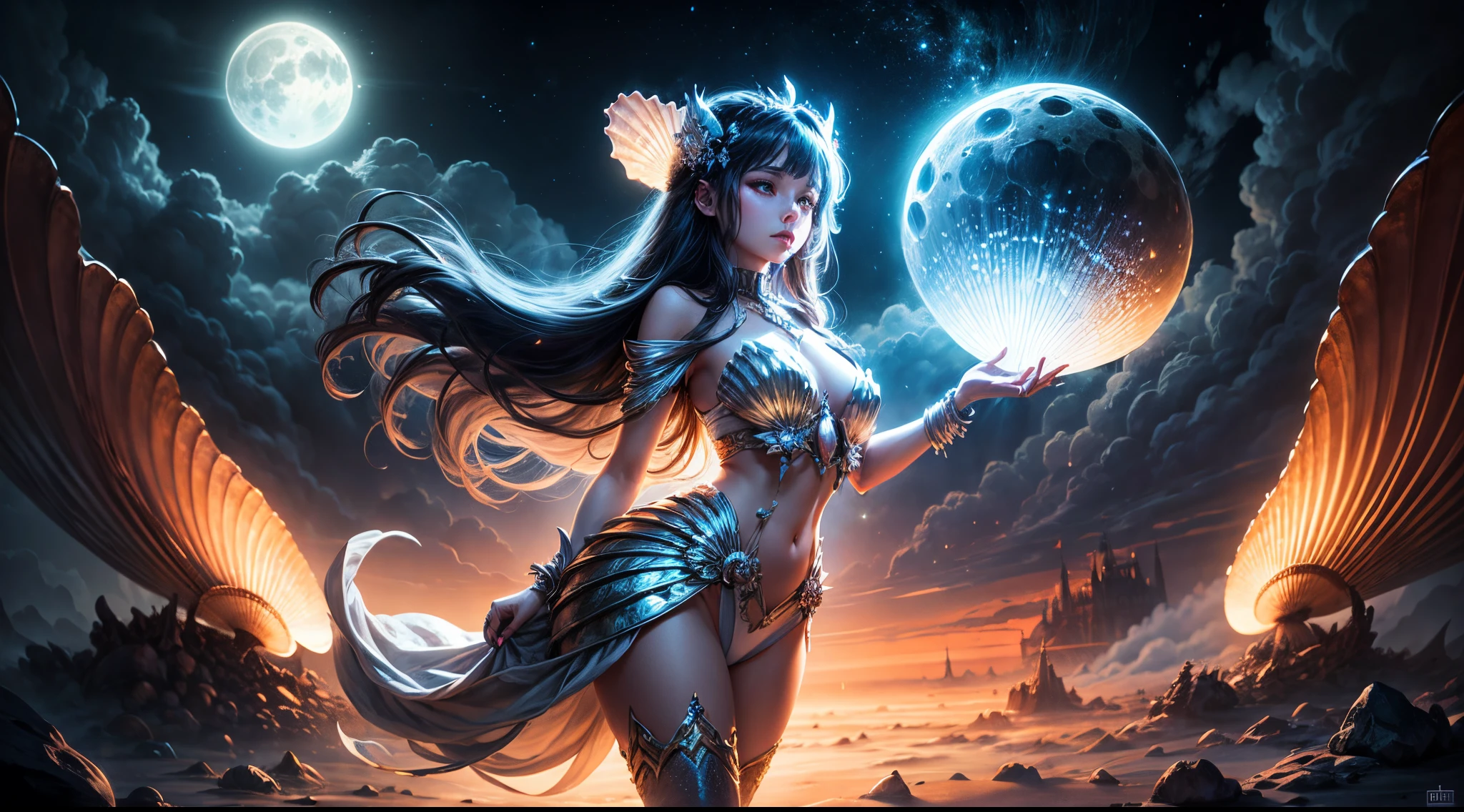 "((Graceful)) girl in a fantastical scenario, holding a ((shimmering shell)) against the backdrop of an alien world illuminated by the enchanting glow of moonlight filtering through wisps of clouds. Detailed, fantasy, moonlit, captivating."