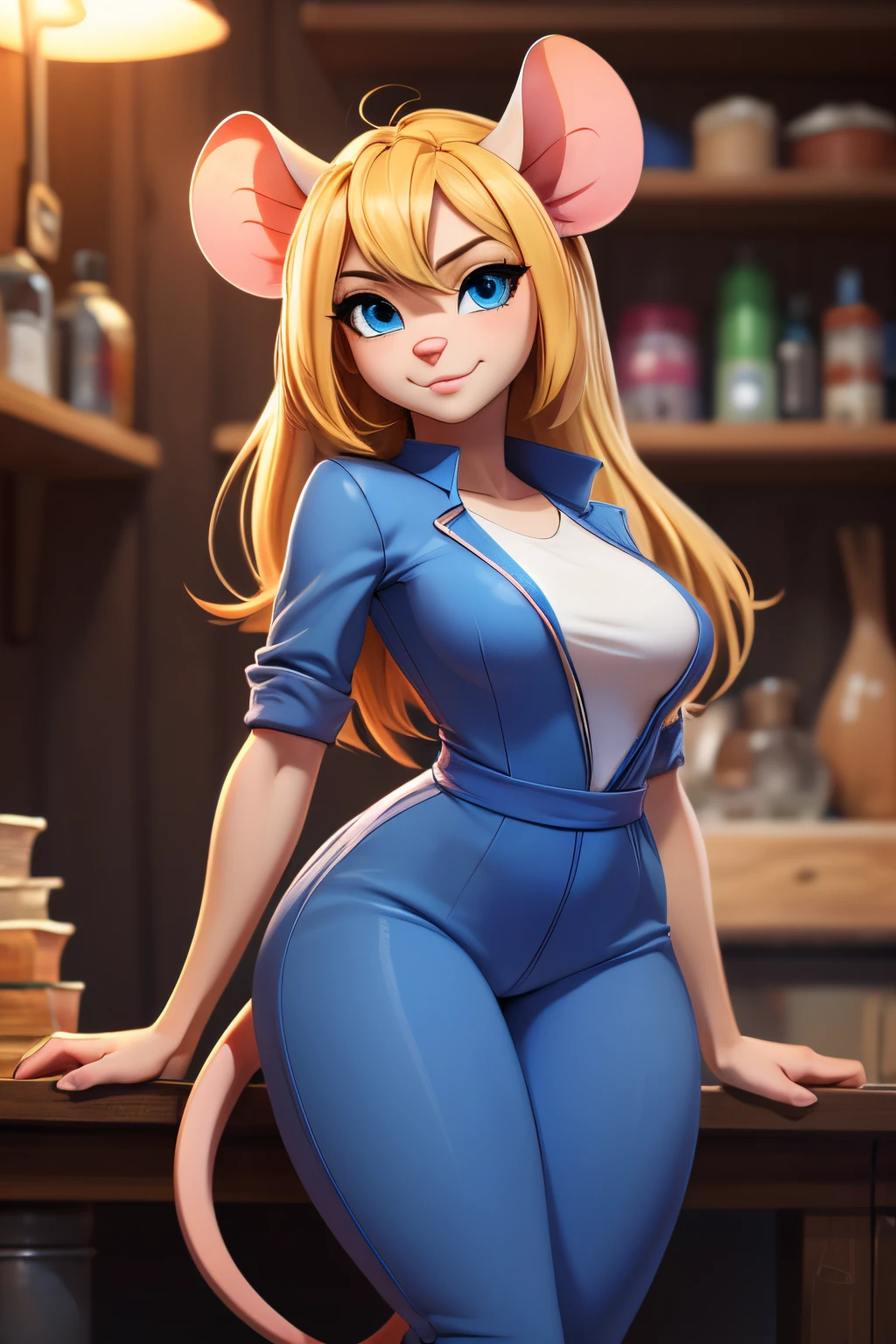 ((ultra quality)), ((tmasterpiece)), Nut, anthropomorphic mouse girl, Furry, ((blonde woman, hairlong)), Beautiful cute face, beautiful female lips, charming beauty, ((Kind expression on his face)), seductively looking at the camera, slightly closed eyes, ((Skin color: white)), Body glare, ((there is a mouse tail in the back)), ((detailed beautiful female eyes)), ((big blue eyes)), beautiful female hands, ((perfect female figure)), ideal female body shapes, Beautiful waist, nice feet, big thighs, Beautiful butt, ((Subtle and beautiful)), stands seductively leaning on the table, ((dark blue jumpsuit, with sexy neckline)) background: workshop, ((Depth of field)), ((high quality clear image)), ((crisp details)), ((higly detailed)), Realistic, Professional Photo Session, ((Clear Focus)), ((cartoon)), the anime, NSFW