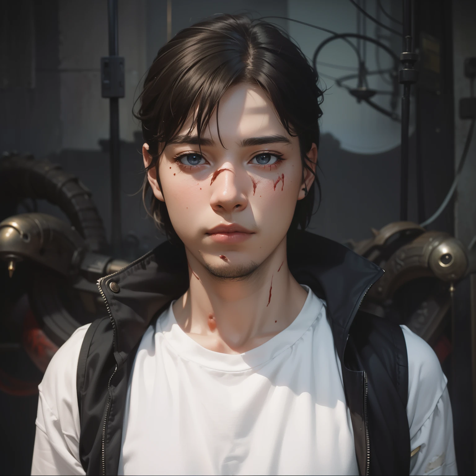 (Digital Artwork:1.3) of (Visual novel:1.3),(Romantic:1.3) male focus,white shirts,black eyes,black-brown hair|{short hair|buzz cut}, dramatical angle,intense angle,Hale and hearty,CGSociety,ArtStation,(Vivid Colors:1.3),monster,ugly,surgery,evisceration,morbid,cut,open,rotten,mutilated,deformed,disfigured,malformed,missing limbs,extra limbs,bloody,slimy,goo,Richard Estes,Audrey Flack,Ralph Goings,Robert Bechtle,Tomasz Alen Kopera,H.R.Giger,Joel Boucquemont,ArtStation,DeviantArt contest winner,thematic background