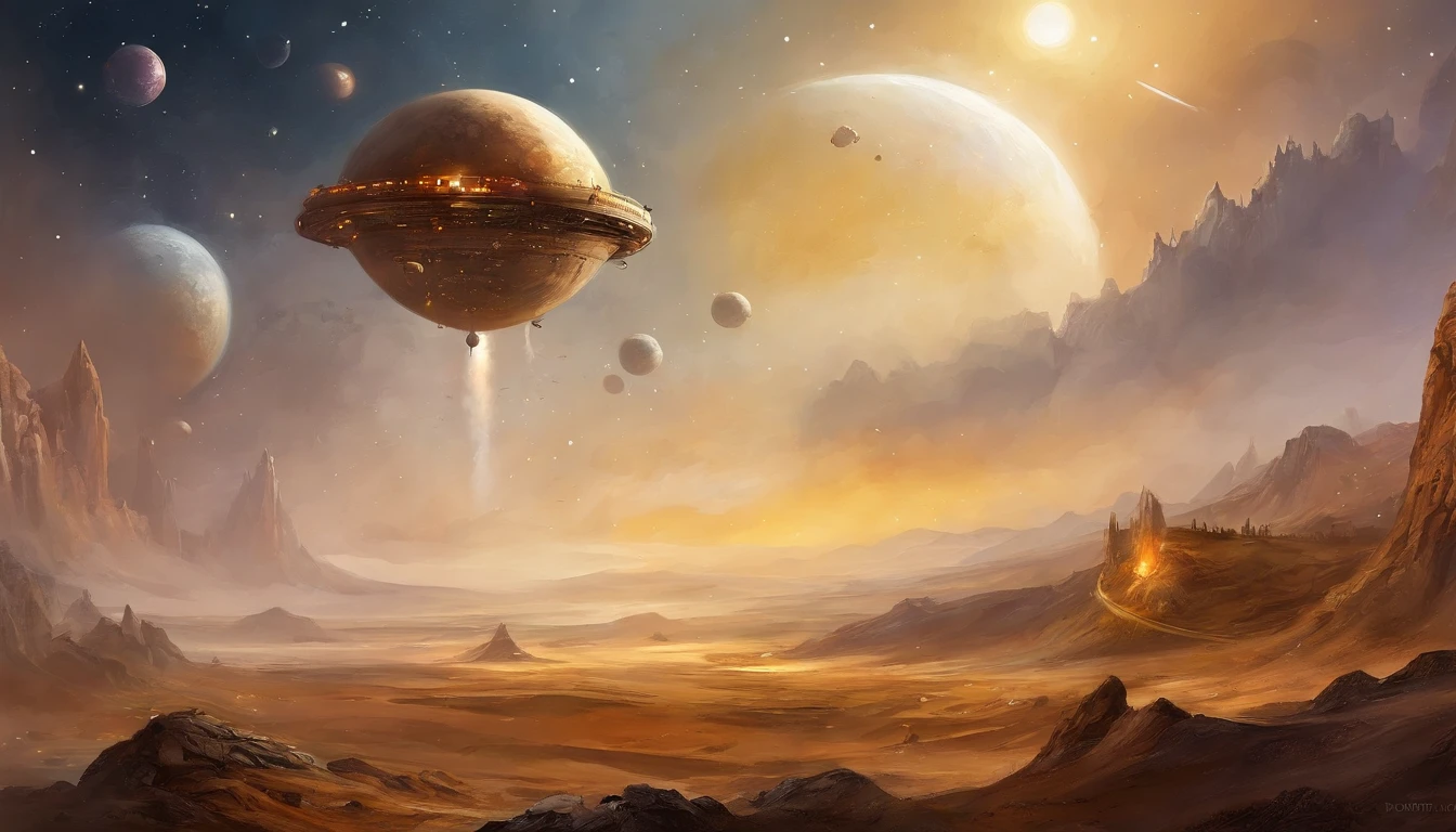 small spaceship in the distance, heading towards a yellow planet in the universe, outer space, crossing the atmosphere, arriving at the planet, risk of fire, colorful universe, many stars, ship's path, (illustratio:1.0)、epic composition、 realistic lighting、high definition detail、tmasterpiece、best quality(extremely detailed unified CG 8k wallpape)