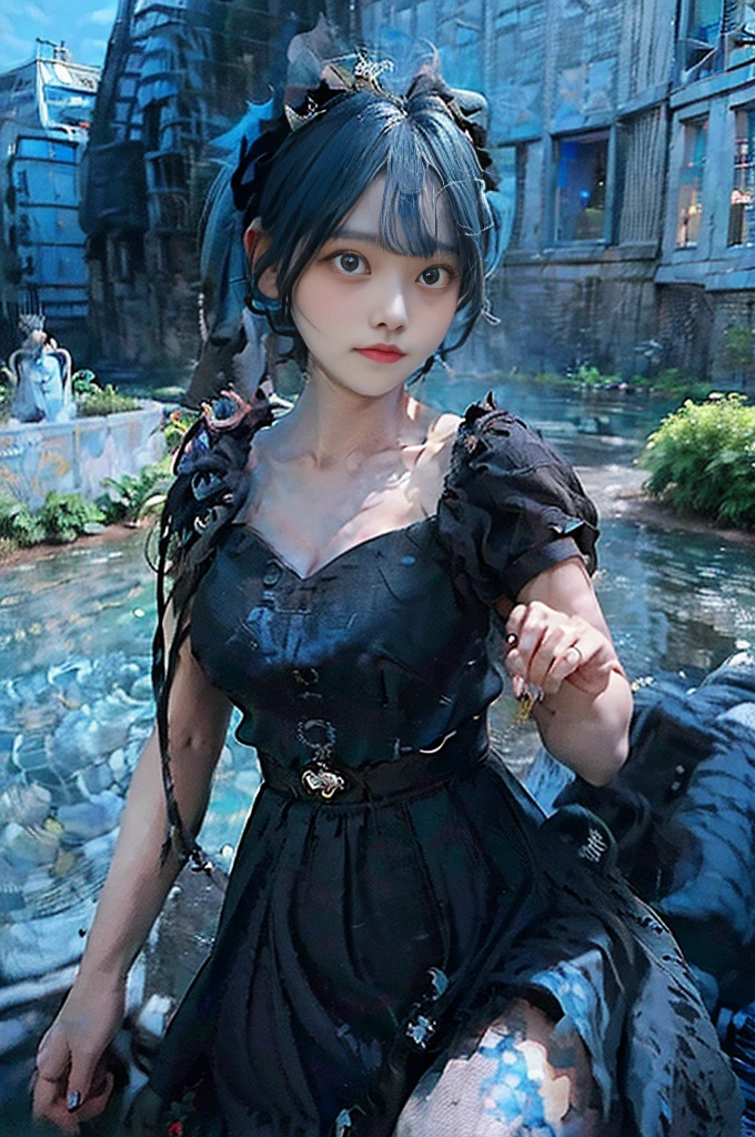 ((((City Background)))),(((Photorealsitic))) ,((Realistic)),(((Blue hair))),((((Twin-tailed)))),(((de pele branca))),((Black skirt)),(((Black hair ornament))),((with round face)),nedium breasts,Clear eyes,Pink teak,thighs thighs thighs thighs