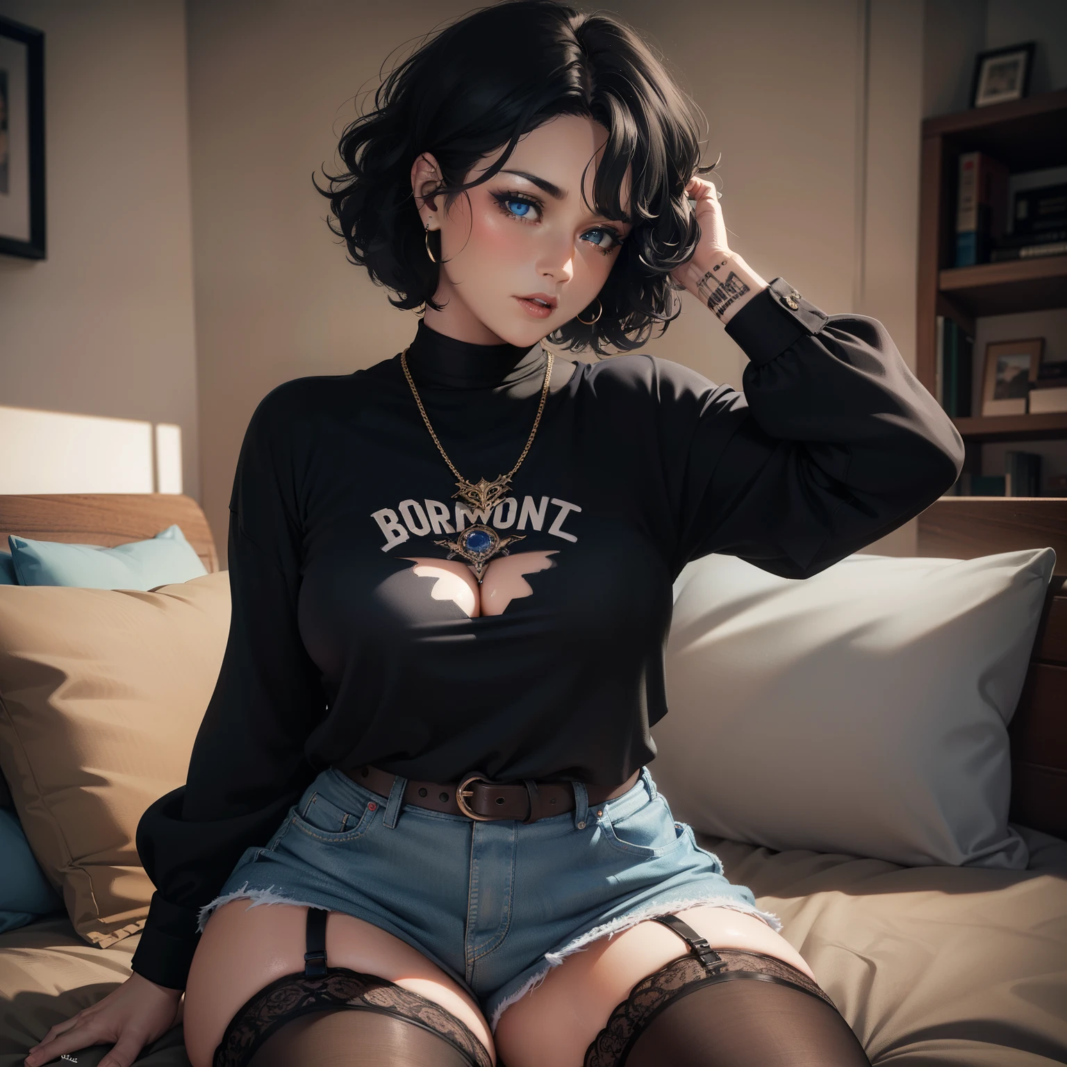 Beautiful female, short hair, black hair, curly hair, blue eyes, chubby female, doe eyes, piercings, tattoos, wearing thigh highs, oversized shirt, black shirt, blue thigh highs, ecstasy expression, soft features, sitting on bed