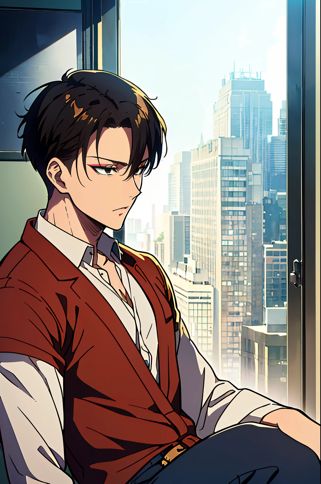 ((4K works))、​masterpiece、（top-quality)、((high-level image quality))、((One Manly Boy))、Slim body、((Attractive and sexy jeans fashion))、((Men's Fashion))、(Detailed beautiful eyes)、town in the morning、Levi Ackerman、((short hair above the ears))、((Smaller face))、((Neutral face))、((Korean boy))、((28 year old))、((Handsome man))、((Korean Makeup))、((elongated and sharp eyes))、((Black eyes))、((Like a celebrity))、Everyday photography、((Shot alone))、((Shot diagonally from the side))、((Upper body photography))