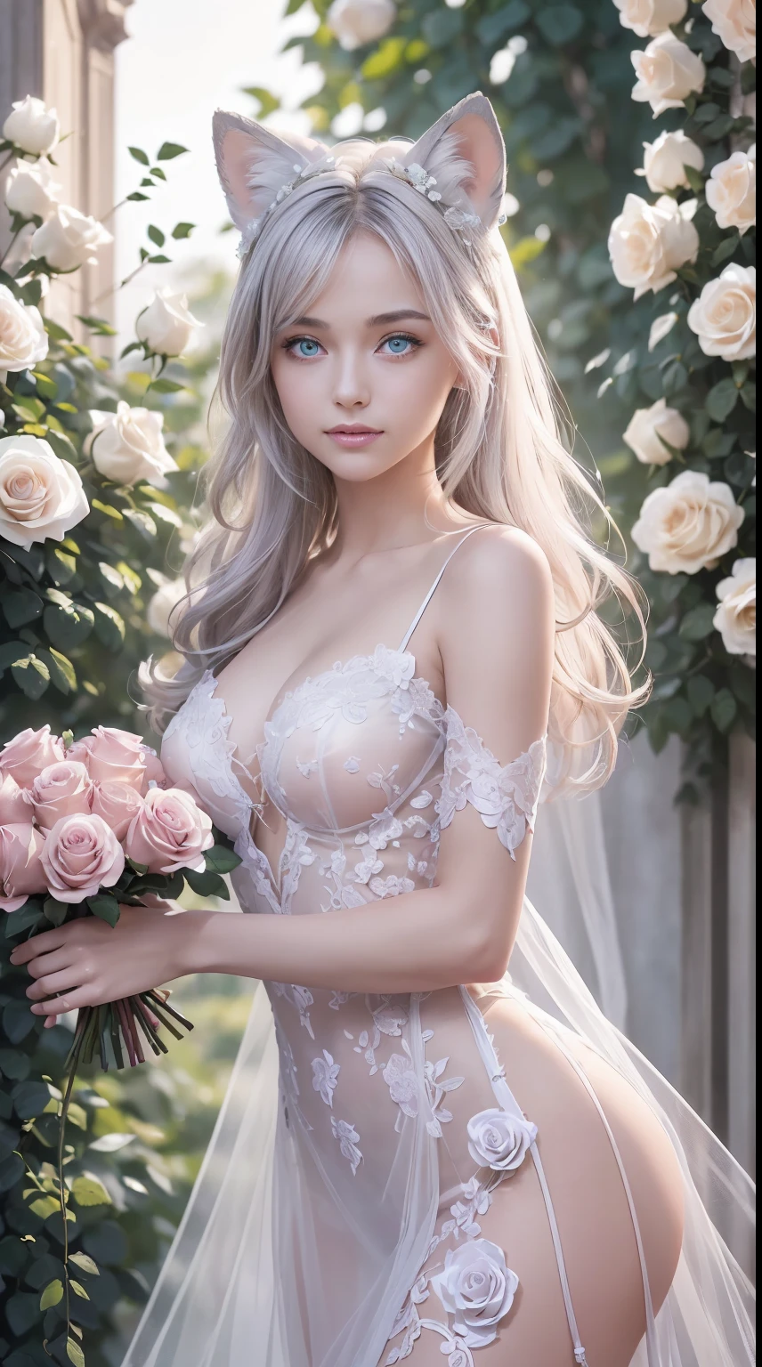 (((masterpiece))), (((highest quality))), ((ultra-detailed)), ((super fine illustration)), ((ultra-fine painting)), (upper body:1.2), Highly detailed and delicate illustration style, detailed skin texture, detailed cloth texture, detailed rose texture, detailed wood texture, extreme detailed description, (T-masterpiece), ((highly detailed face)), original, raw photo, professional, Intricate details, super details, intricate ornament details, perfect anatomy, (16-year-old), real, (Solo), (A very beautiful and cute silver fox princess with blue eyes) BRAKE ((beautiful silver fox ears)), (beautiful silver fox tail), Beautifully shaped small breasts, Beautifully shaped small buttocks, (beautiful and shiny short silver hair:1.1), (Beautiful clear blue eyes:1.1), (detailed beautiful clear eyes:1.6), (Smile:1.2), Standing, Celebration, beautiful hands and fingertips BRAKE (Highly detailed and delicate luxurious but understated princess dress to wear at a festive occasion:1.2) BRAKE ((Holding in both hands a large bouquet of highly detailed and delicate ((white and pink roses)):1.2)), BRAKE (Daytime sun), Celebration, ((Highly detailed and delicate white rose and pink rose garden background:1.2)), (Highly detailed and delicate royal palace courtyard background in early afternoon in spring), (8K highest quality wallpaper), (Highly detailed and delicate background:1.2) BRAKE not sexy, not NSFW, BRAKE