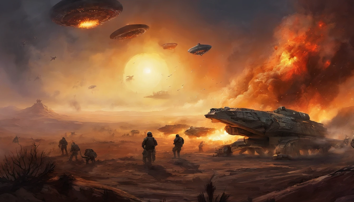 planeta em guerra, muito fogo, noite, contrast lighting, chamas, pessoas correndo, pessoas mortas, pessoas atacando, Explosions, guerra armada. guerra futurista, spaceships in the sky, (illustratio:1.0)、epic composition、 realistic lighting、high definition detail、tmasterpiece、best quality(extremely detailed unified CG 8k wallpape)