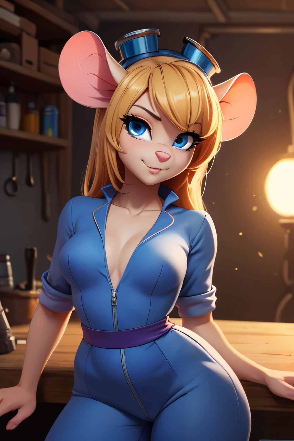 ((ultra quality)), ((tmasterpiece)), Nut, anthropomorphic mouse girl, Furry, ((blonde woman, hairlong)), Beautiful cute face, beautiful female lips, charming beauty, ((Kind expression on his face)), seductively looking at the camera, slightly closed eyes, ((Skin color: white)), Body glare, ((there is a mouse tail in the back)), ((detailed beautiful female eyes)), ((big blue eyes)), beautiful female hands, ((perfect female figure)), ideal female body shapes, Beautiful waist, nice feet, big thighs, Beautiful butt, ((Subtle and beautiful)), stands seductively leaning on the table, ((dark blue jumpsuit, with sexy neckline, welding goggles on head)) background: workshop, ((Depth of field)), ((high quality clear image)), ((crisp details)), ((higly detailed)), Realistic, Professional Photo Session, ((Clear Focus)), ((cartoon)), the anime, NSFW