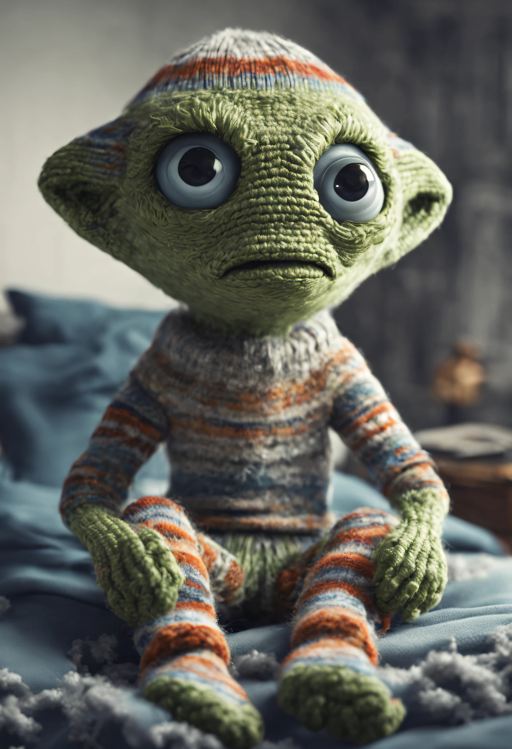 A realistic and detailed alien who sits on his bed, he tries to put on his old chunky knit wool socks with old school designs.