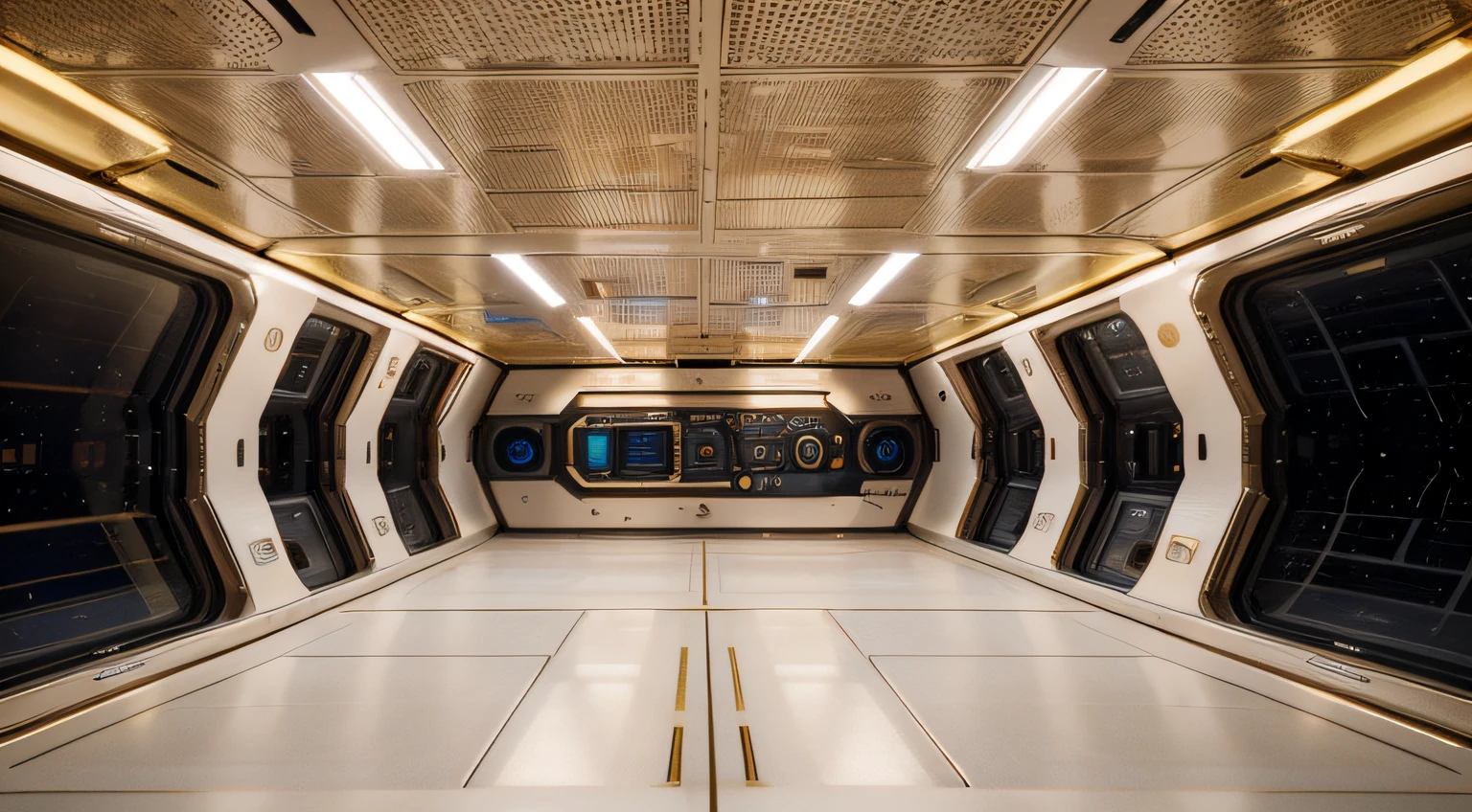 Inside the space station, the command system has a strong metallic feel, a modern feel, a sense of technology, and an ultra-wide-angle lens. The picture is bright and realistic, with photographic effects and golden section composition.