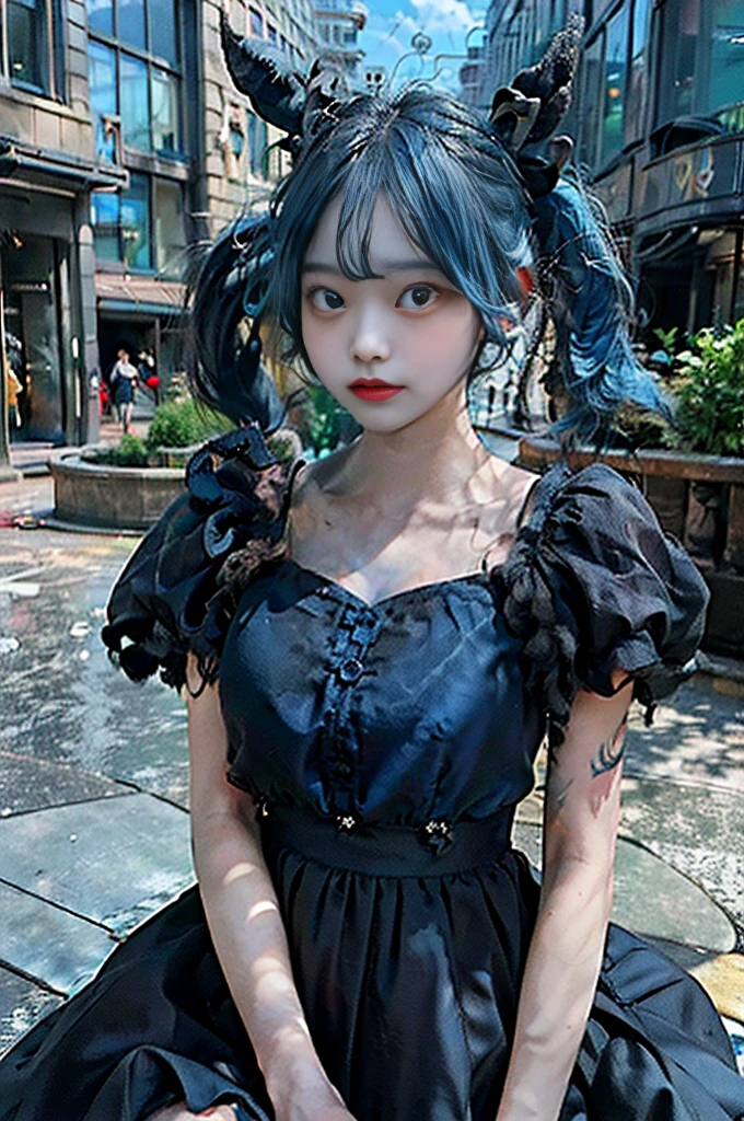 ((((Twin-tailed)))),((((City Background)))),(((Photorealsitic))) ,((Realistic)),(((Blue hair))),(((de pele branca))),((Black skirt)),(((Black hair ornament))),((with round face)),nedium breasts,Clear eyes,Pink teak,thighs thighs thighs thighs