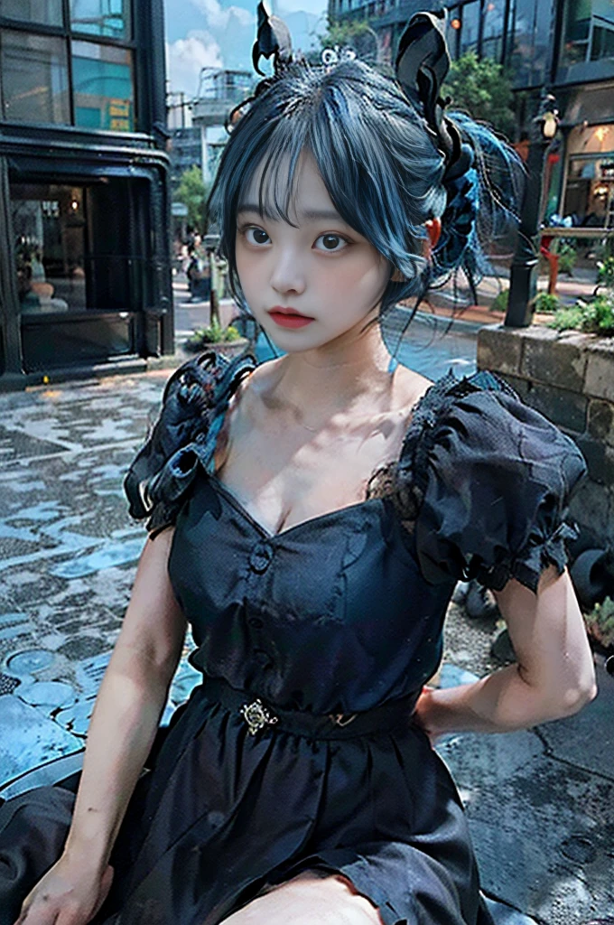 ((((Twin-tailed)))),((((City Background)))),(((Photorealsitic))) ,((Realistic)),(((Blue hair))),(((de pele branca))),((Black skirt)),(((Black hair ornament))),((with round face)),nedium breasts,Clear eyes,Pink teak,thighs thighs thighs thighs