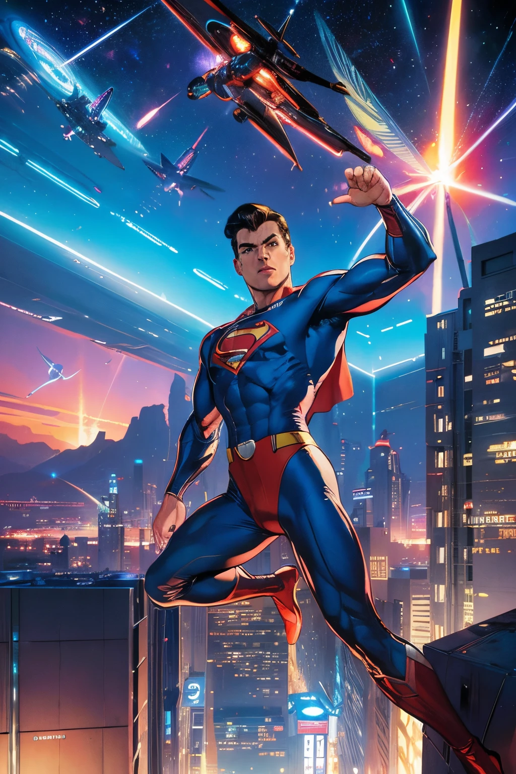 one muscle, Powerful Superman in a dynamic flying pose, with a confident and determined expression on his face, retrofuturistic of tomorrow industrial district, standing in front of a building, western animation diffusion, retro sci - fi art, 60's sci-fi pinup style, 60's sci-fi pinup, vintage sci - fi art, scifi man, retro pulp art, as a retrofuturistic hero, 5 0 s pulp scifi illustration, ( art fitzpatrick ), as a retro futuristic hero, gorgeous colored sky cluttered with flying things, looking directly at you :: populuxe aesthetic :: 1950s palette, high res, ultrasharp, 8k, masterpiece