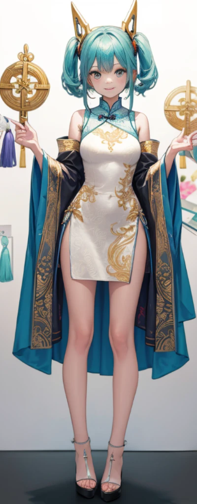 (Full body photo),Fluorescent background,(1 Witch,Flash fluorescence,Hats,Transparent tulle cheongsam,Delicate headgear,ssmile),(paper art,Quilted paper art,geometry),(Lots of colors,Best quality,high detal,tmasterpiece,movie light effect,4K,lightand shade contrast),Blue transparent tulle cheongsam,pigtails,Red knee-length socks,luminous totem,eBlue eyes,green hair and big breasts,long braid,