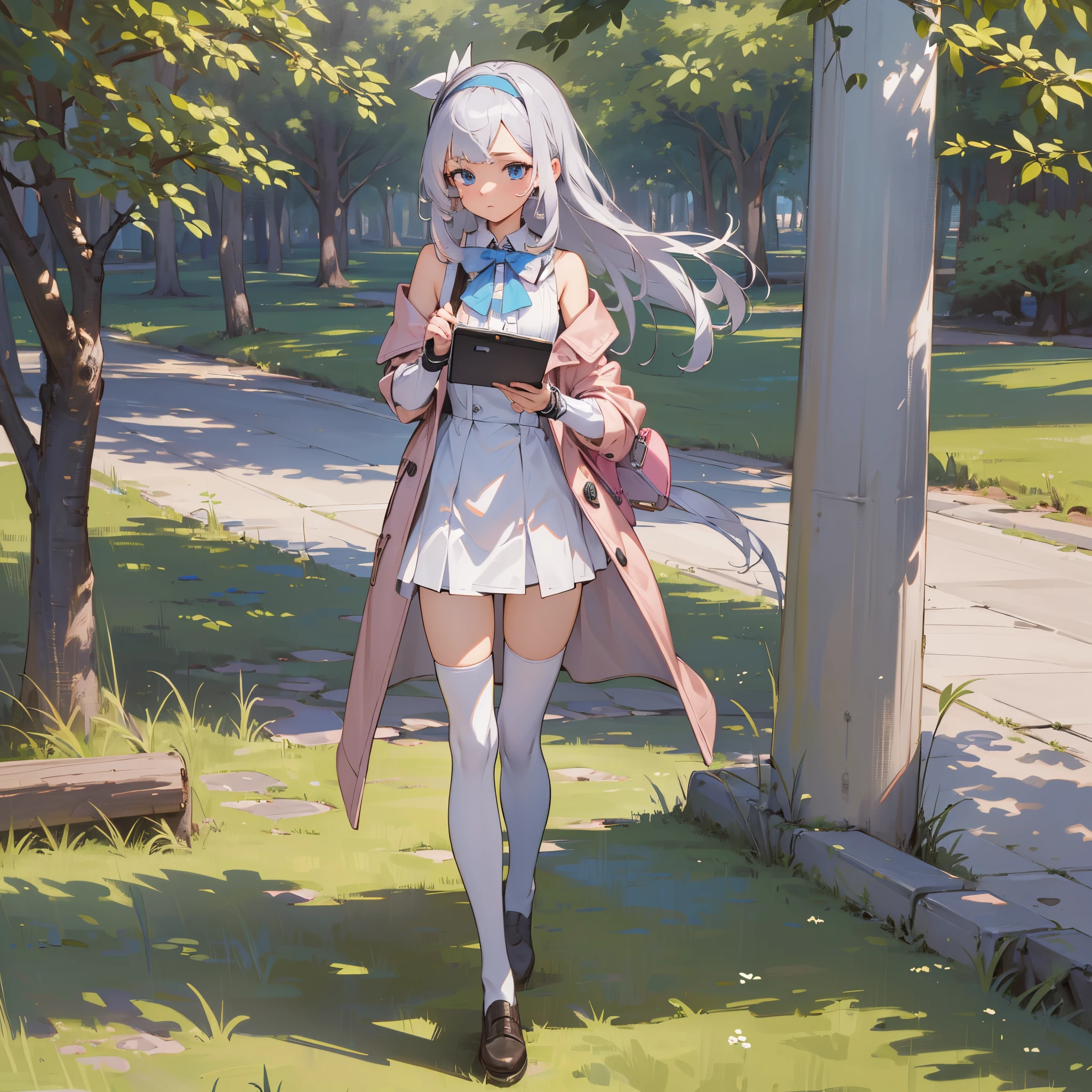 (best quality,4k,8k,highres,masterpiece:1.2), ultra-detailed, realistic, a girl, silver hair, blue eyes, headband, bow, M-shaped bangs, sideburns, medium-length hair, contemplating, sleeveless dress, pastel pink coat, coat partially unbuttoned, white knee-high boots, flat leather shoes, strolling in the park