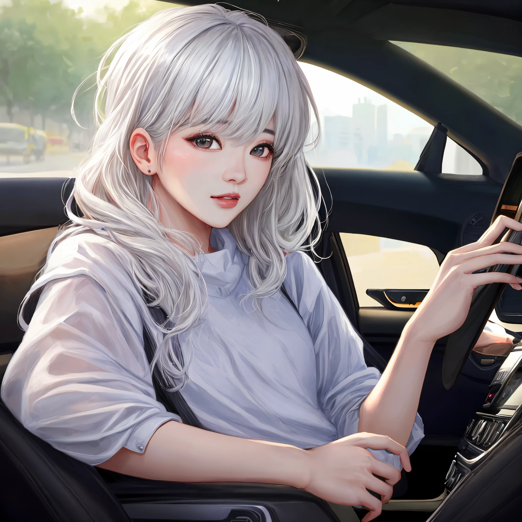 Realistic AI image of Jimin, with white hair in the car.