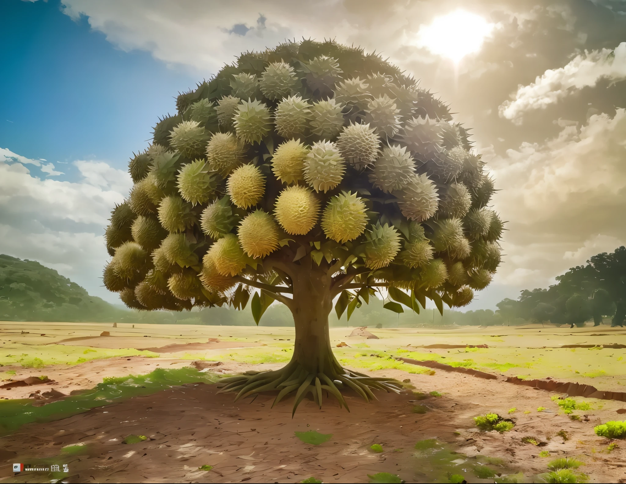 Photo of a durian tree with many spikes, surreal, standing in the middle of a fertile vacant land, (many durian fruits growing covering the entire trunk and top), 4k, realistic, in focus, extremely detailed, on par eye, whole tree, blue sky, tree focus, vivid, realistic colors