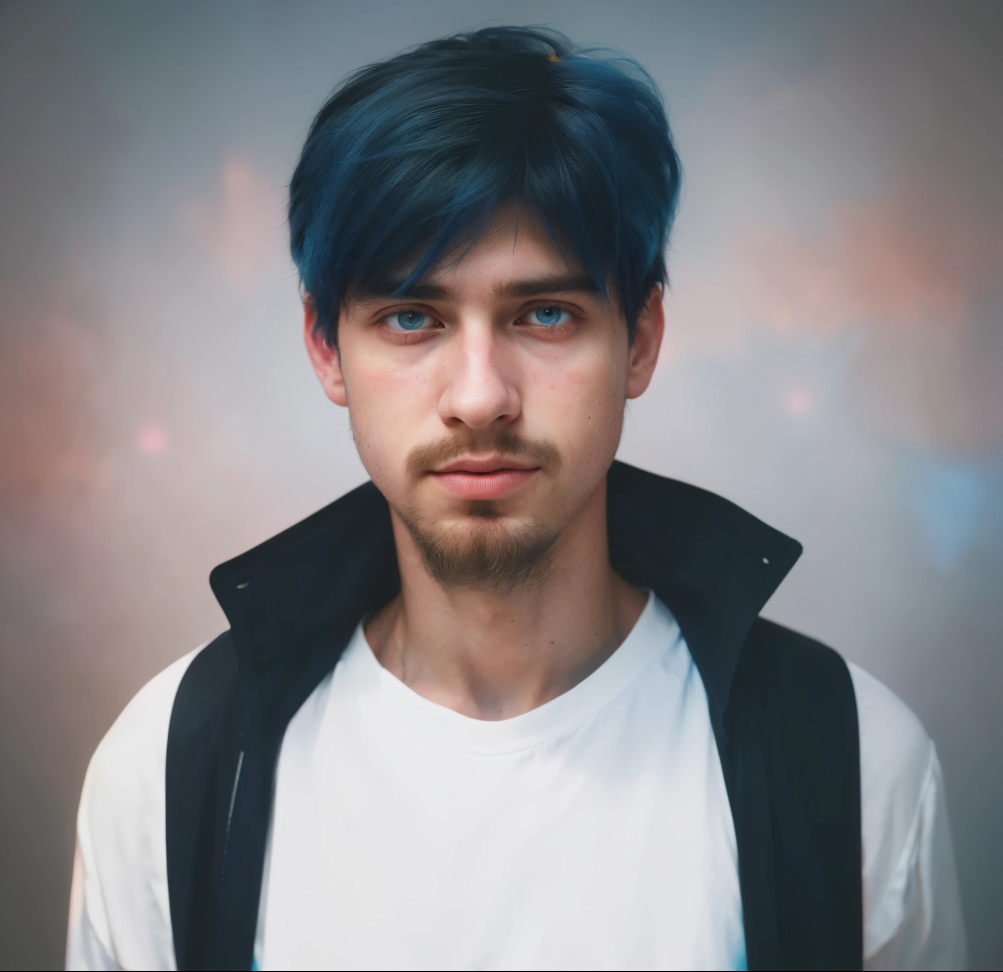 a young man with pink and blue eyes is photographed with his hair, in the style of neon realism, light and shadow play, layered imagery, volumetric lighting, split toning, surreal human figures, goerz hypergon 6.5mm f/8