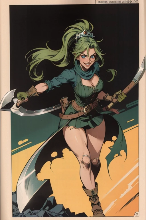 1girl,  long hair,  gloves,  holding,  weapon,  comic,  green hair,  teeth,  fingerless gloves,  torn clothes,  4koma,  parody,  tiara,  angry,  axe,  holding axe,