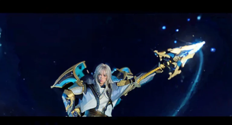 a close up of a person holding a sword in a space setting, with leviathan axe, thancred waters in style of wlop, thancred waters, lineage 2 revolution style, t-pose of male magic wizard, fredrinn from mobile legends, fighting game character, t-pose of wizard, from mobile legends