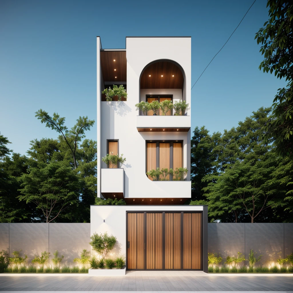 1 morden architect, main material by white wall and wood, 1large yard, 1 road runs in front of the house,  (RAW photo, real, best quality, masterpiece:1.2), look morden minimalist, 1 road in front of the house, dynamic lighting:1.3, (hyper realistic, photo-realistic:1.2), high quality, (dark lighting:1.2), perfect lighting, archdaily, no human