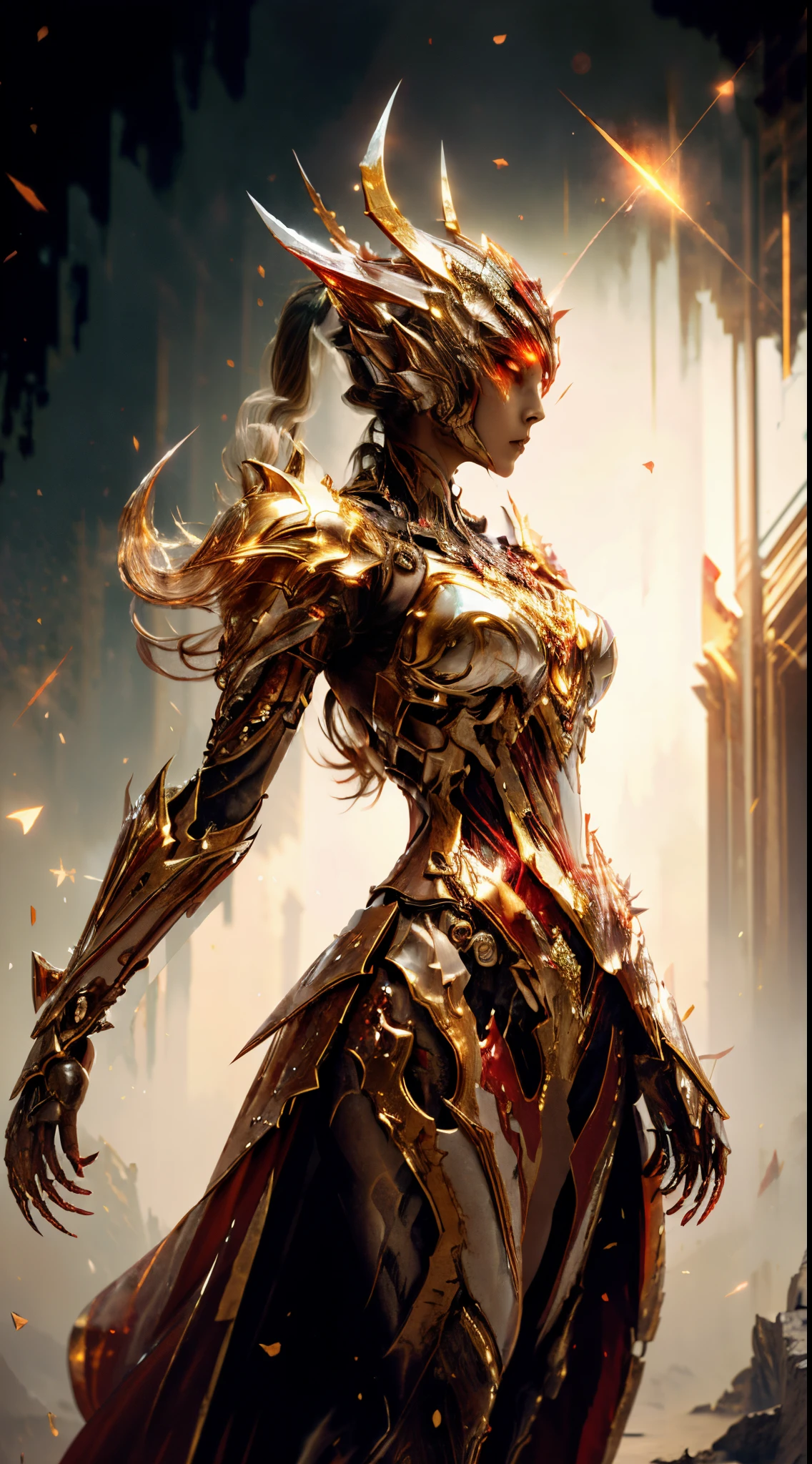 (masterpiece, top quality, best, official art, beautiful and aesthetically pleasing, long exposure: 1.2), smooth movement, charming patterns, 1 girl, (long dress with sleeves: 1.3), (((red dress) )), upper body close-up, bare shoulders, Chinese girl, blush, white lob hair, portrait, solo, upper body, looking at the observer, detailed background, detailed face, (crystallineAI, crystalline theme:1.1), elemental fire elf, rotation fire, control fire, ruby clothes, dynamic pose, floating particles, ethereal dynamics, fire, vapor, magma in the background, red tint, volcano, ethereal atmosphere,1 japanese, WARFRAME, prime,rhino prime,volt prime,saryn prime dynamic pose, intricate pattern, heavy metal, energy lines, faceless, glowing eyes, long white hair, wind blown hair, elegant, intense, blood red and gold uniform, bloody wings, solo, desert, sunny, bright, claws,two golden wings behind the back,dramatic lighting, (masterpiece:1.2), best quality, high resolution, beautiful detailed, extremely detailed, perfect lighting, zhongfenghua, from below