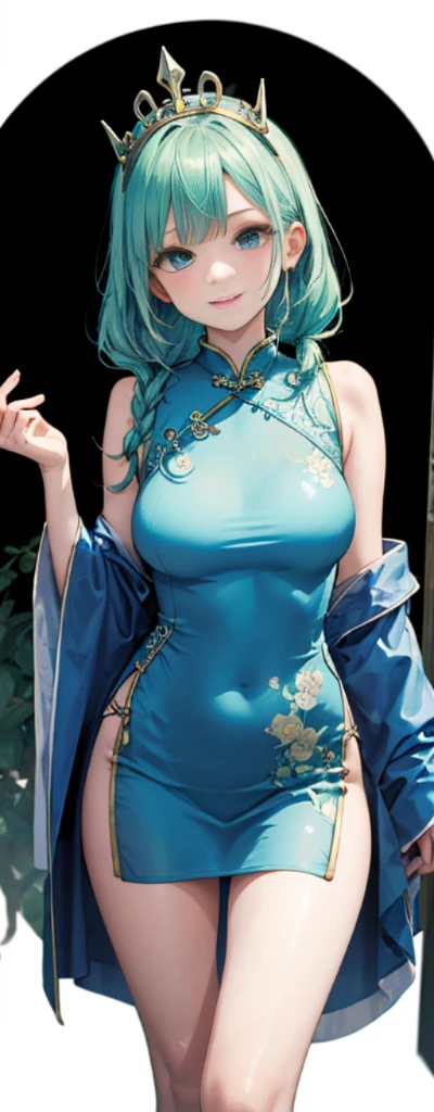 photorealistic, masterpiece, photorealistic, high resolution, soft light, hips up, (blue eyes, pink hair), fake rabbit ears, white cheongsam, cheongsam dress, jewelry, tattoo
