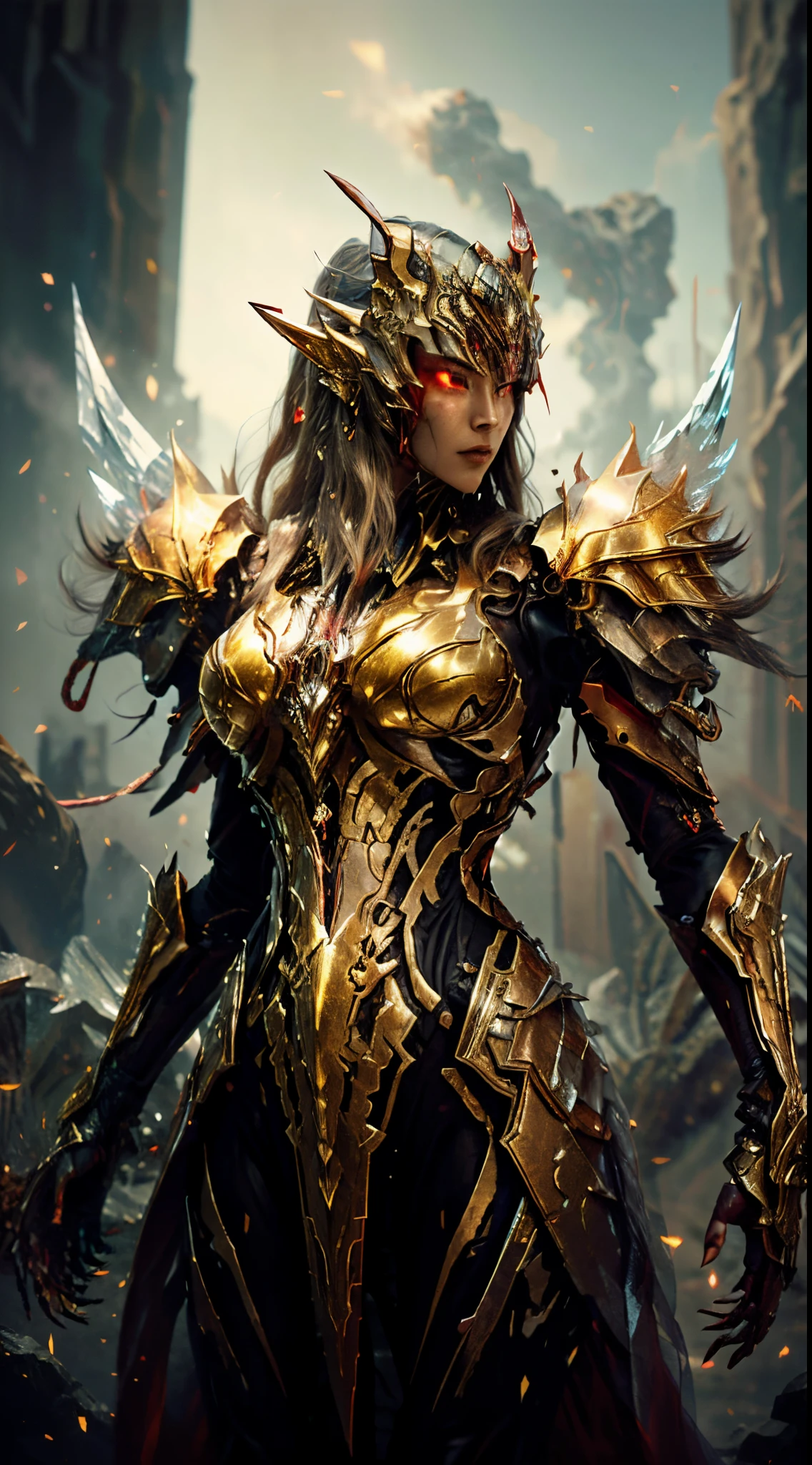(masterpiece, top quality, best, official art, beautiful and aesthetically pleasing, long exposure: 1.2), smooth movement, charming patterns, 1 girl, (long dress with sleeves: 1.3), (((red dress) )), upper body close-up, bare shoulders, Chinese girl, blush, white lob hair, portrait, solo, upper body, looking at the observer, detailed background, detailed face, (crystallineAI, crystalline theme:1.1), elemental fire elf, rotation fire, control fire, ruby clothes, dynamic pose, floating particles, ethereal dynamics, fire, vapor, magma in the background, red tint, volcano, ethereal atmosphere,1 japanese, WARFRAME, prime,rhino prime,volt prime,saryn prime dynamic pose, intricate pattern, heavy metal, energy lines, faceless, glowing eyes, long white hair, wind blown hair, elegant, intense, blood red and gold uniform, bloody wings, solo, desert, sunny, bright, claws,two golden wings behind the back,dramatic lighting, (masterpiece:1.2), best quality, high resolution, beautiful detailed, extremely detailed, perfect lighting, zhongfenghua, from below