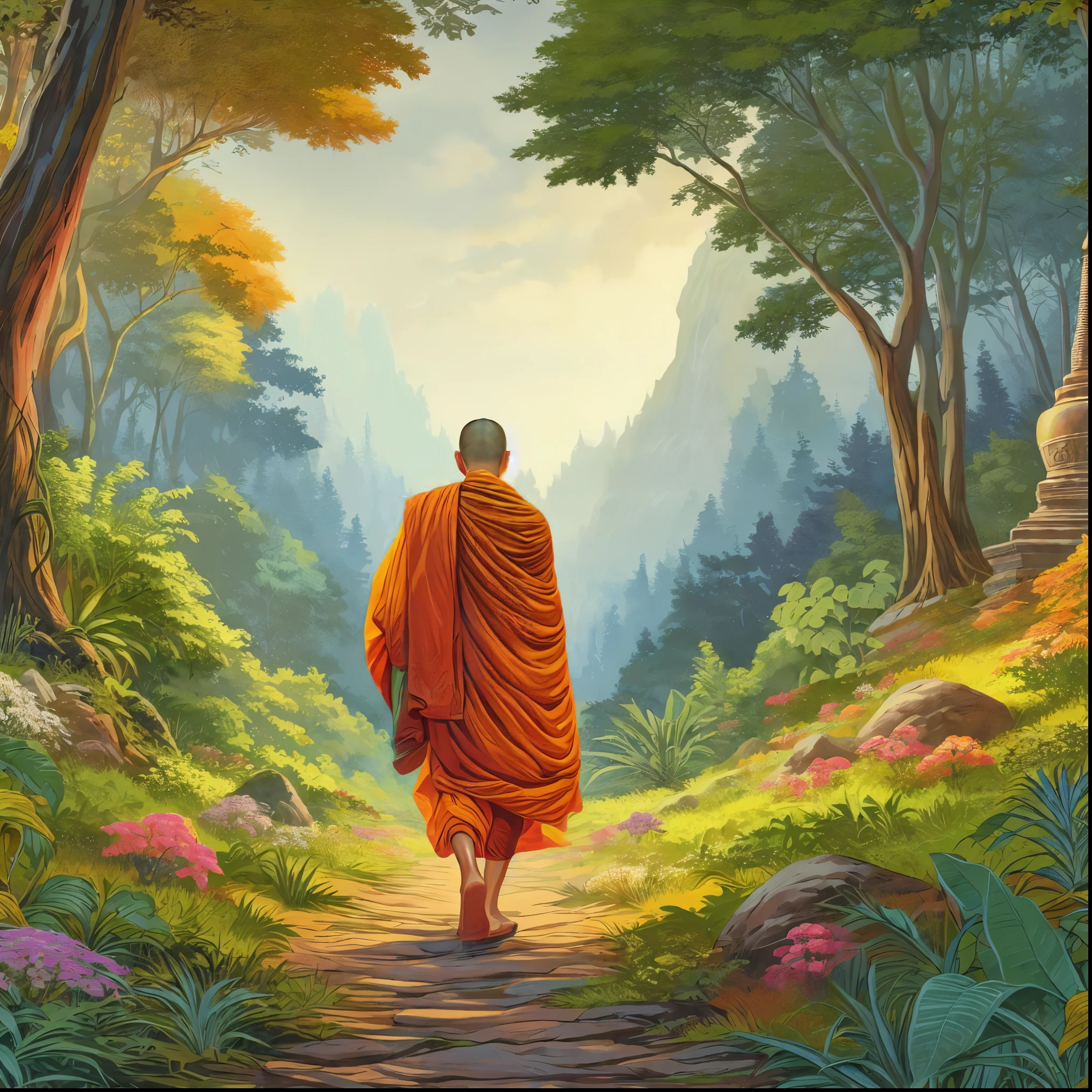 a painting of a monk walking down a path in a forest, on path to enlightenment, on the path to enlightenment, buddhist monk, monk meditate, monk, buddhist, buddhism, an ancient path, buddhist monk meditating, concept art of a monk, portrait of monk, 2 1 st century monk, monk's robe, full body picture of a male monk, the buddha