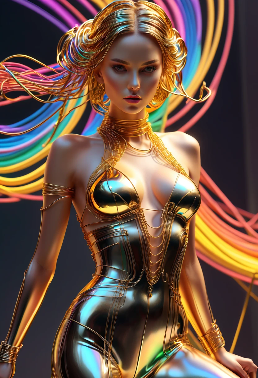 (line art:1.5),Colored lines,Figures woven with metal threads on the fashion catwalk,braided with metal thread,model shoot style,abstract painting, (extremely detaild的 CG unified 8k wallpapers), A chaotic storm of lines rises from a complex rainbow of smoke overhead, Stylized abstract portrait of beautiful girl,heavy metal style,postmodern industrial style,ultra-realistic realism,Image of beautiful woman sculpture made from thin metal wire, golden curve structure, Woman sculpture made of wire, Spiral dripping gold, Metal curve composition, Winding streets, abstract female sculpture, Small whirlpools, abstract sculpture, twist, Rotated, complex metal wires, spirals, long exposure photos, line sleek, complex light