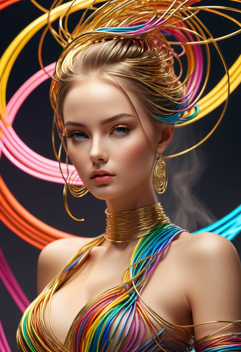 (line art:1.5),Colored lines,Figures woven with metal threads on the fashion catwalk,braided with metal thread,model shoot style,abstract painting, (extremely detaild的 CG unified 8k wallpapers), A chaotic storm of lines rises from a complex rainbow of smoke overhead, Stylized abstract portrait of beautiful girl,heavy metal style,postmodern industrial style,ultra-realistic realism,Image of beautiful woman sculpture made from thin metal wire, golden curve structure, Woman sculpture made of wire, Spiral dripping gold, Metal curve composition, Winding streets, abstract female sculpture, Small whirlpools, abstract sculpture, twist, Rotated, complex metal wires, spirals, long exposure photos, line sleek, complex light