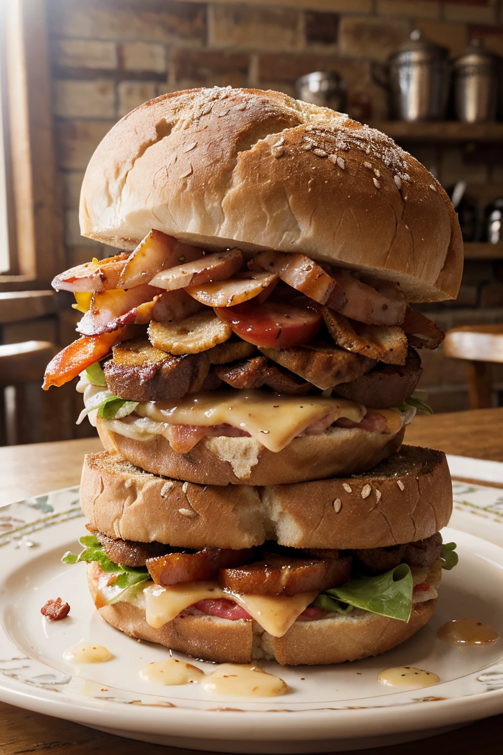 photo of a scrumptious BLT sandwich with extra bacon, (rustic diner background)+, seed bread, pepper jack cheese, (intricate details:1.12), hdr, (intricate details, hyperdetailed:1.15)
