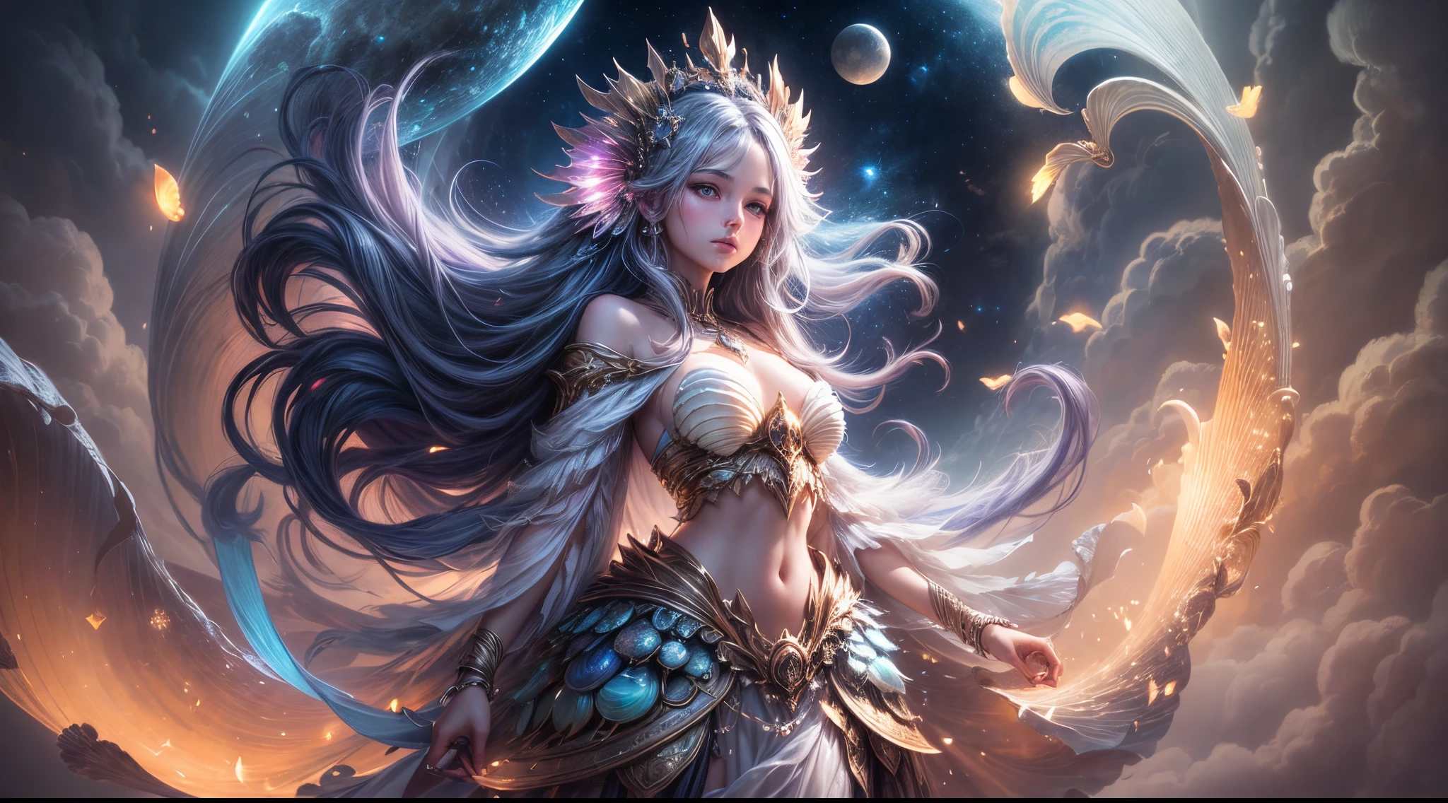 "((Graceful)) girl in a fantastical scenario, holding a ((shimmering shell)) against the backdrop of an alien world illuminated by the enchanting glow of moonlight filtering through wisps of clouds. Detailed, fantasy, moonlit, captivating."