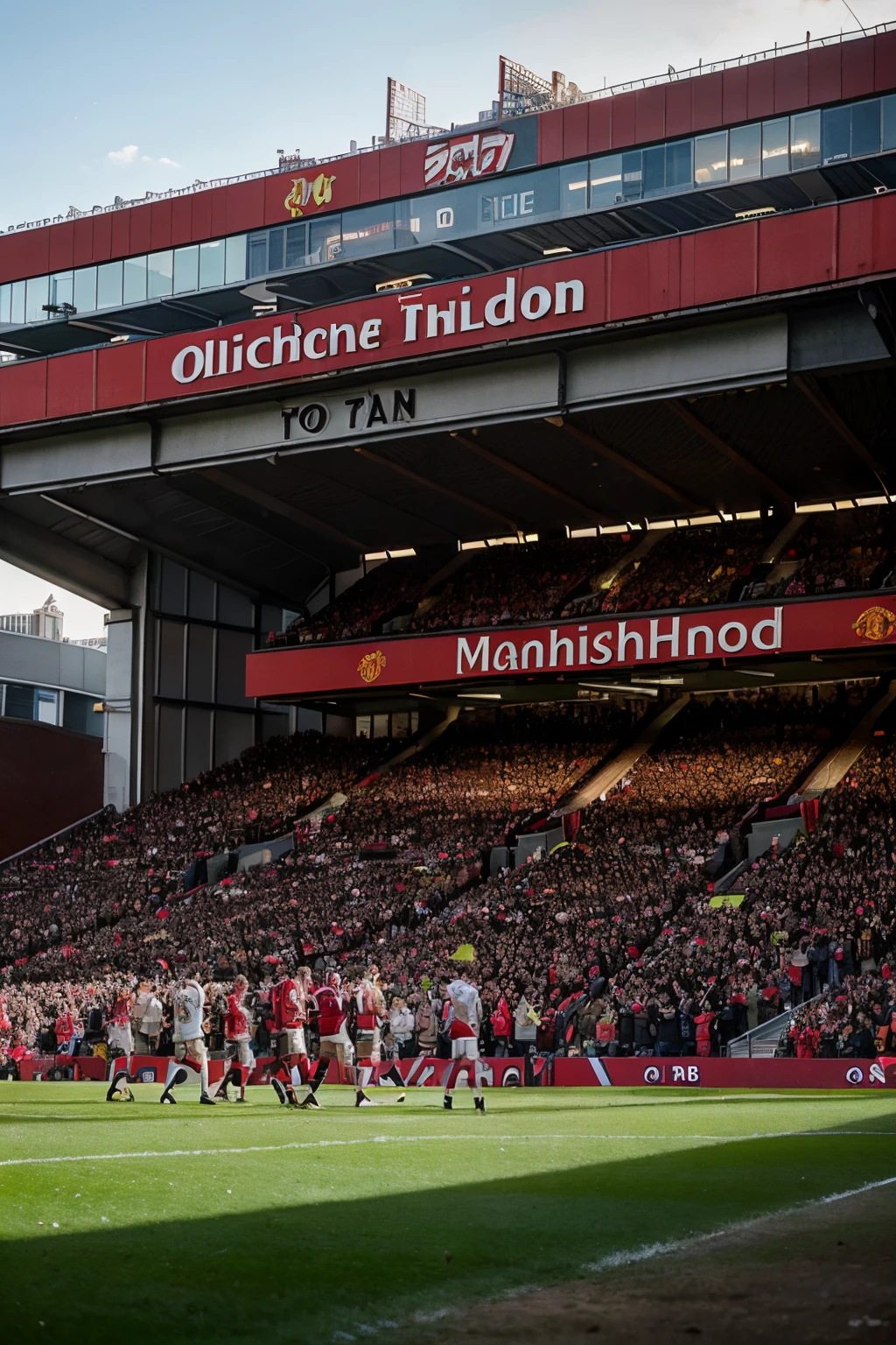 Create an image of the iconic Old Trafford stadium filled with passionate Manchester United fans