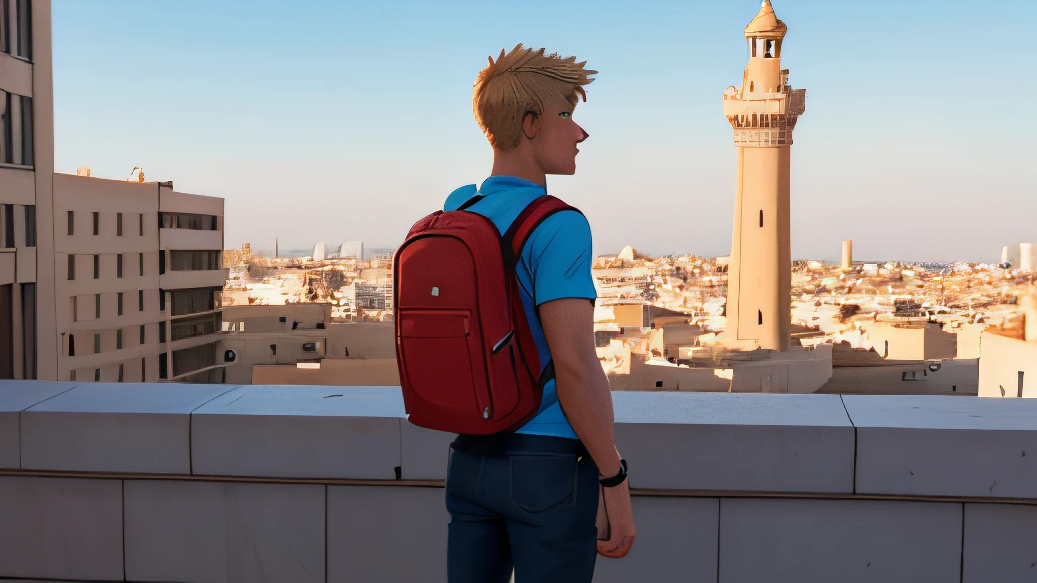 A man, a 30-year-old European backpacker with short, light blonde hair, is portrayed in a wide medium wide shot. The camera captures him from behind, with his head turned towards the camera. He is standing in front of a landmark in the city of Tunis, Tunisia. Being a backpacker, the man is dressed in casual and practical clothing suitable for his adventurous journey.