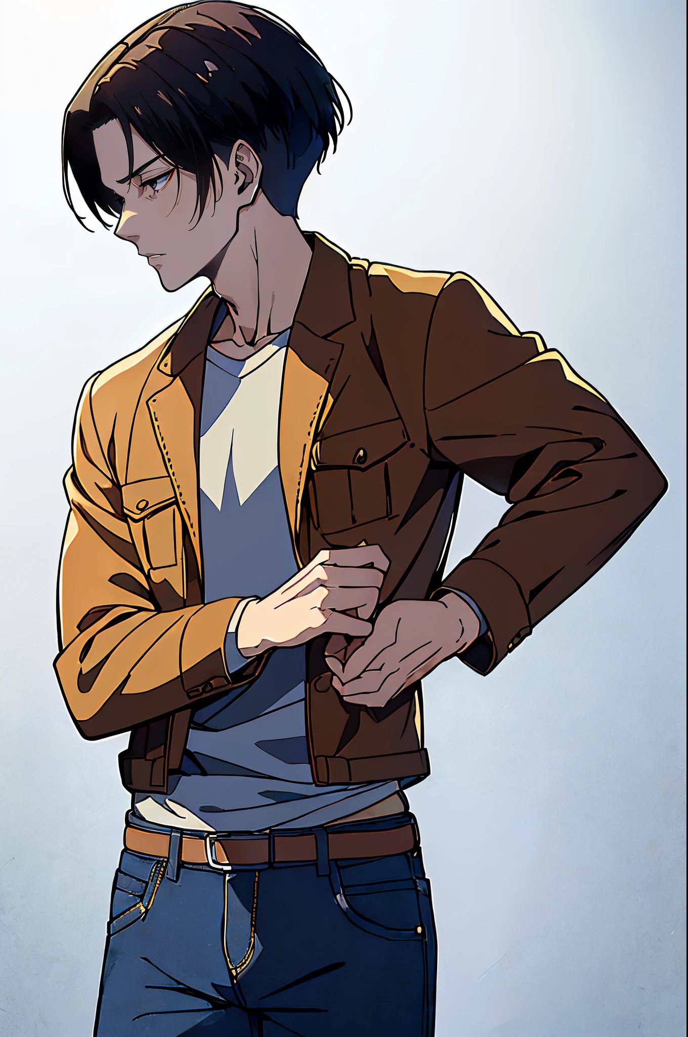 ((4K works))、masterpiece、(top-quality)、((high-level image quality))、((One Manly Boy))、Slim body、((Attractive and sexy jeans fashion))、((Men's Fashion))、(Detailed beautiful eyes)、town in the morning、Levi Ackerman、Attack on Titan、((short hair above the ears))、((Smaller face))、((Neutral face))、((Korean boy))、((28 year old))、((Handsome man))、((Korean Makeup))、((elongated and sharp eyes))、((Black eyes))、((Like a celebrity))、Everyday photography、((Shot alone))、((Shot diagonally from the side))、((Upper body photography))