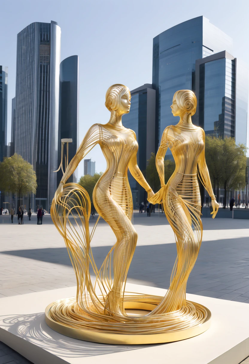 (line art:1.5)，metal wire craft sculpture，Golden wire，plata，wire，Figures woven from metal threads in the city square，braided with metal thread，contortion，line connection，immensity，empty，Abstract，Three-dimensional stereoscopic，City landmarks，heavy metal style，postmodern industrial style，ultra-realistic realism