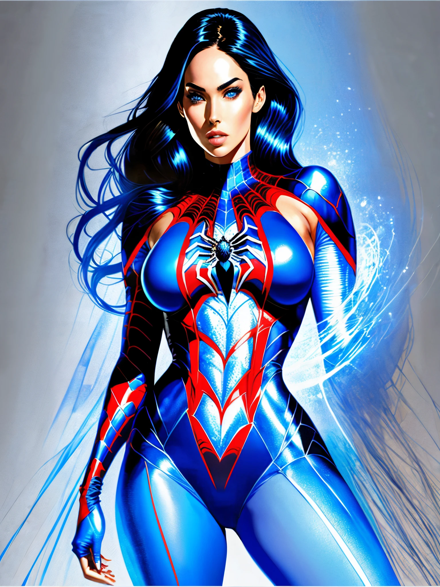 Megan Fox en traje de Spider-man muy sexy, en un fondo azul, posing for camera --auto --s2