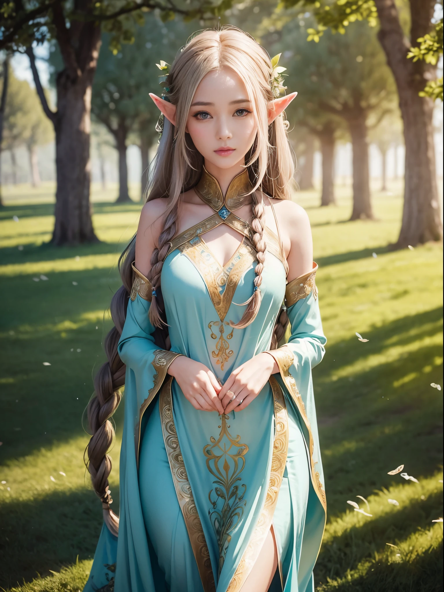 Graceful elven girl standing in meadow, Delicate face illuminated by the soft light of the setting sun. Her long, Flowing hair runs down your back, Decorated with intricate braids、Adorned with sparkling gemstones. This great photo is、、、It captures the ethereal beauty of elves. Slender figure in silk dress、Swaying in the soft steppe breeze. Attention to detail、Face that is、Face that is、Face that is、Face that is、It is evident in the intricate patterns of the dress and the subtle highlights of the luminescence. skin. The breathtaking portrayal of the elven girl is、、、、、Create an enchanting atmosphere、It invites the viewer to a magical world.