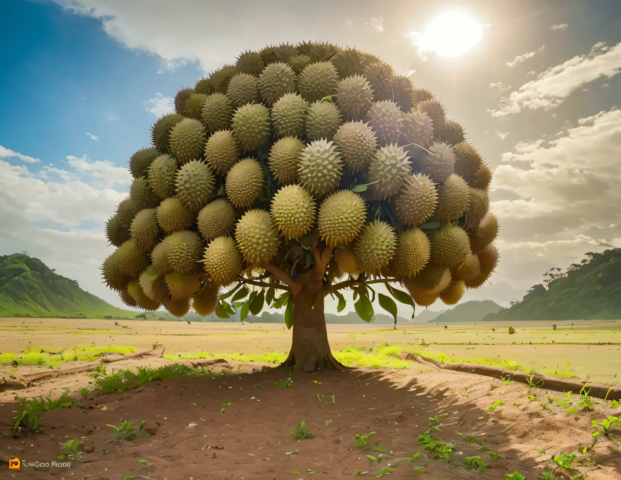 Photo of a durian tree with many spikes, surreal, standing in the middle of a fertile vacant land, (many durian fruits growing covering the entire trunk and top), 4k, realistic, in focus, extremely detailed, on par eye, whole tree, blue sky, tree focus, vivid, realistic colors