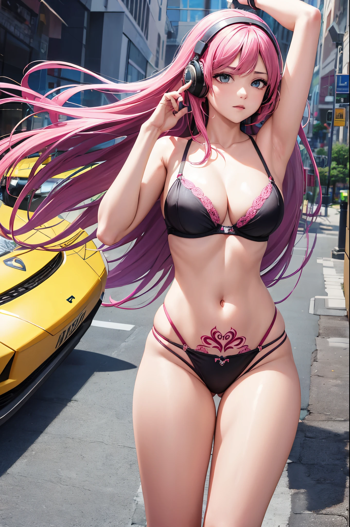 masterpiece, woman 4, dynamic, kpopIDOL, promotional photo, raise hand, shout, kiss, face close, downtown, hustle, impressive eyes, fine skin texture, confident lol, overhead view, strabismus, strabismus, strabismus, high resolution, profoto, street corner, crotch, pink, sheer bra, string bikini, spotlight, rock singer, rainbow hair,, navel, straight hair, Headphones, Long Hair, Tattoo, back view